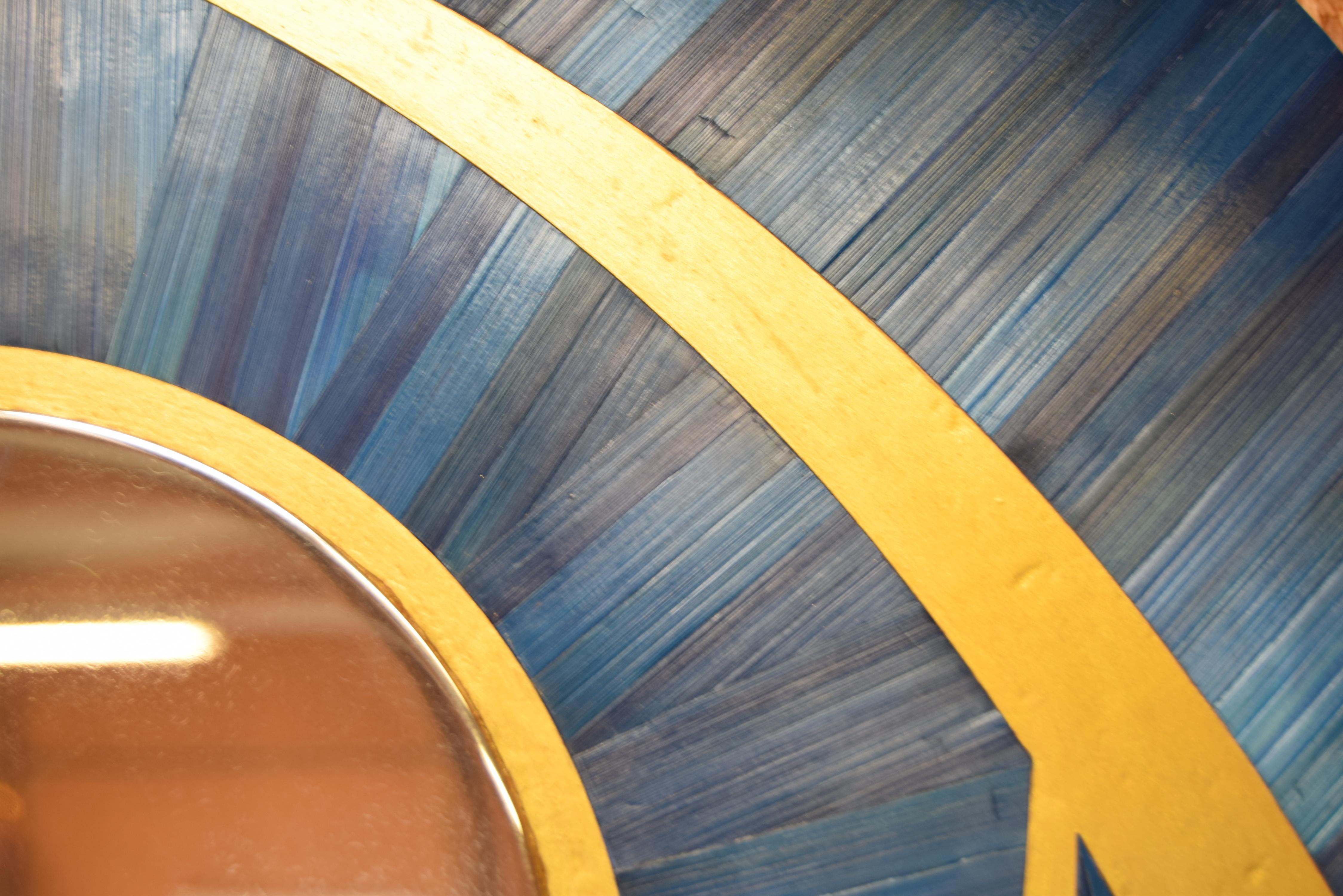 French mirror in straw marquetry, center in polished stainless steel, by les2ebenistes For Sale