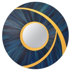 mirror in straw marquetry, center in polished stainless steel, by les2ebenistes