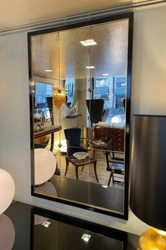 Jerry Mirror with Panels, Black Metal and Brass Frame, Antiqued Glass