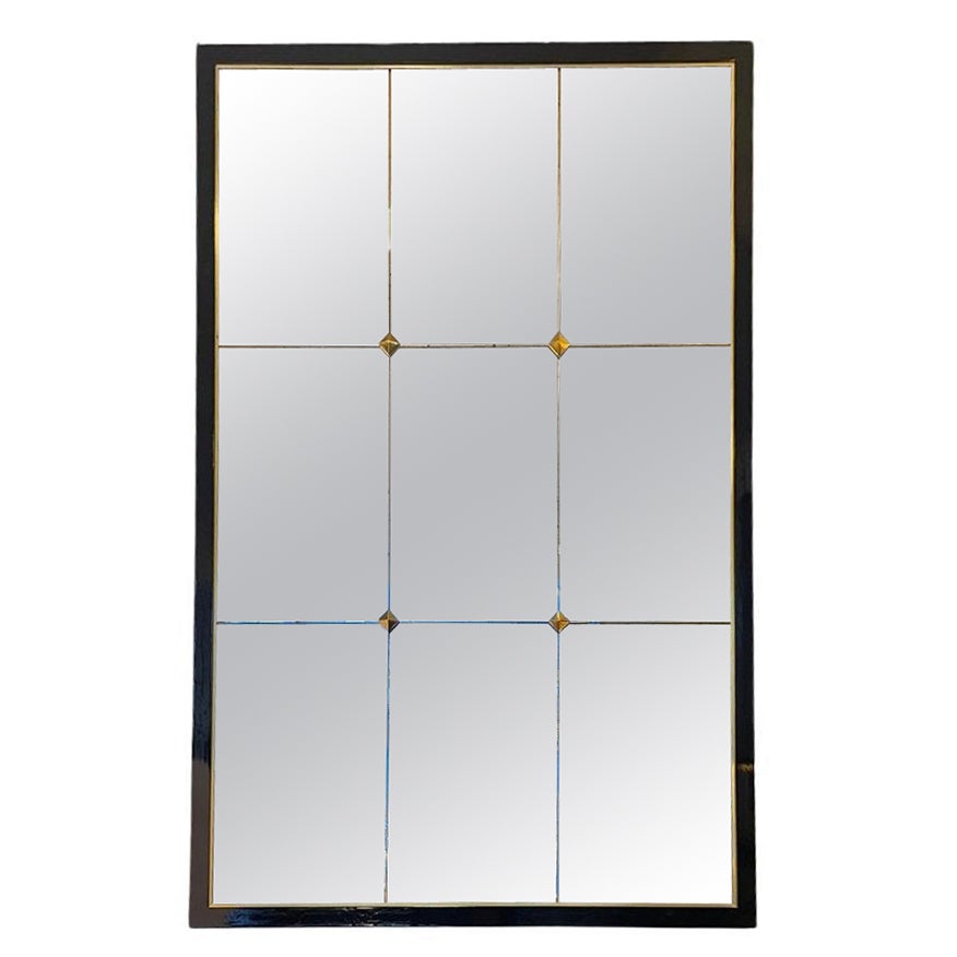 Mirror Jerry with Panels, Black Metal and Brass Frame, Antiqued Glass