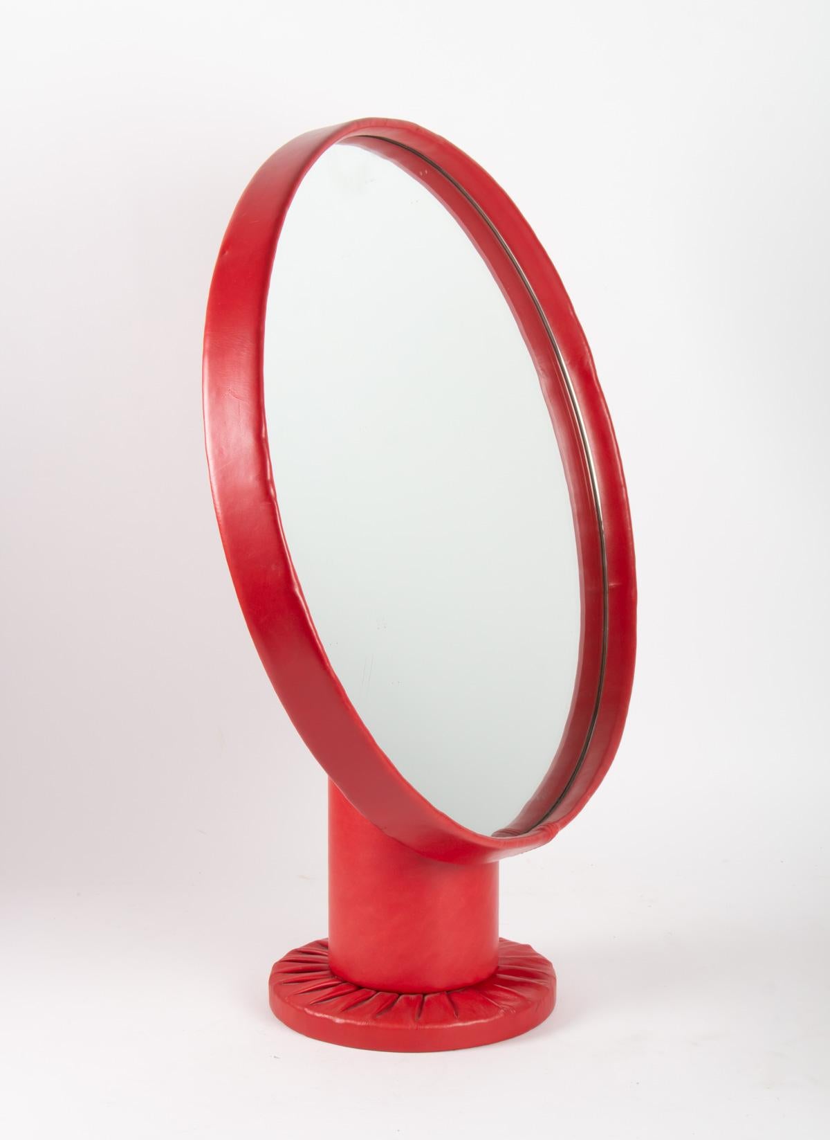 Mirror Layers, Red Leather Coated, Design 1950, Attributed to Jacques Adnet In Good Condition In Saint-Ouen, FR