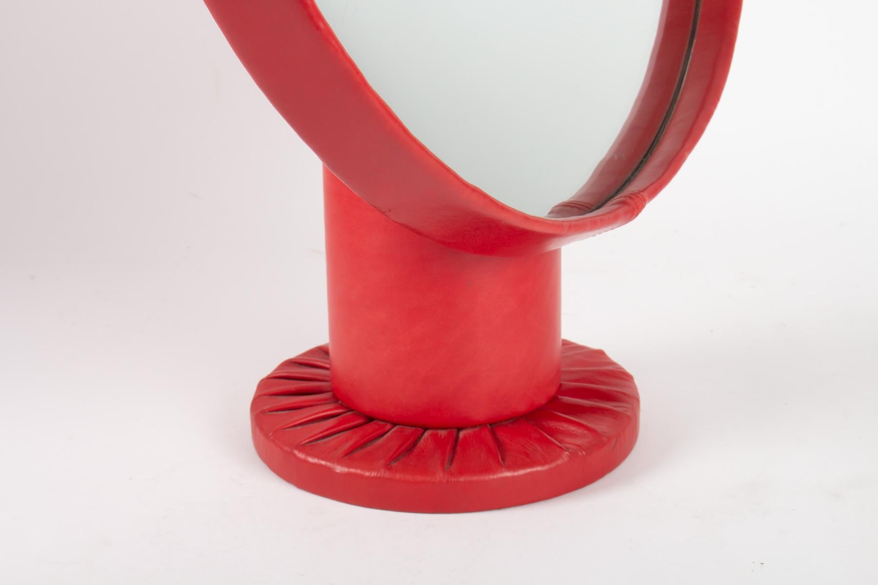 20th Century Mirror Layers, Red Leather Coated, Design 1950, Attributed to Jacques Adnet