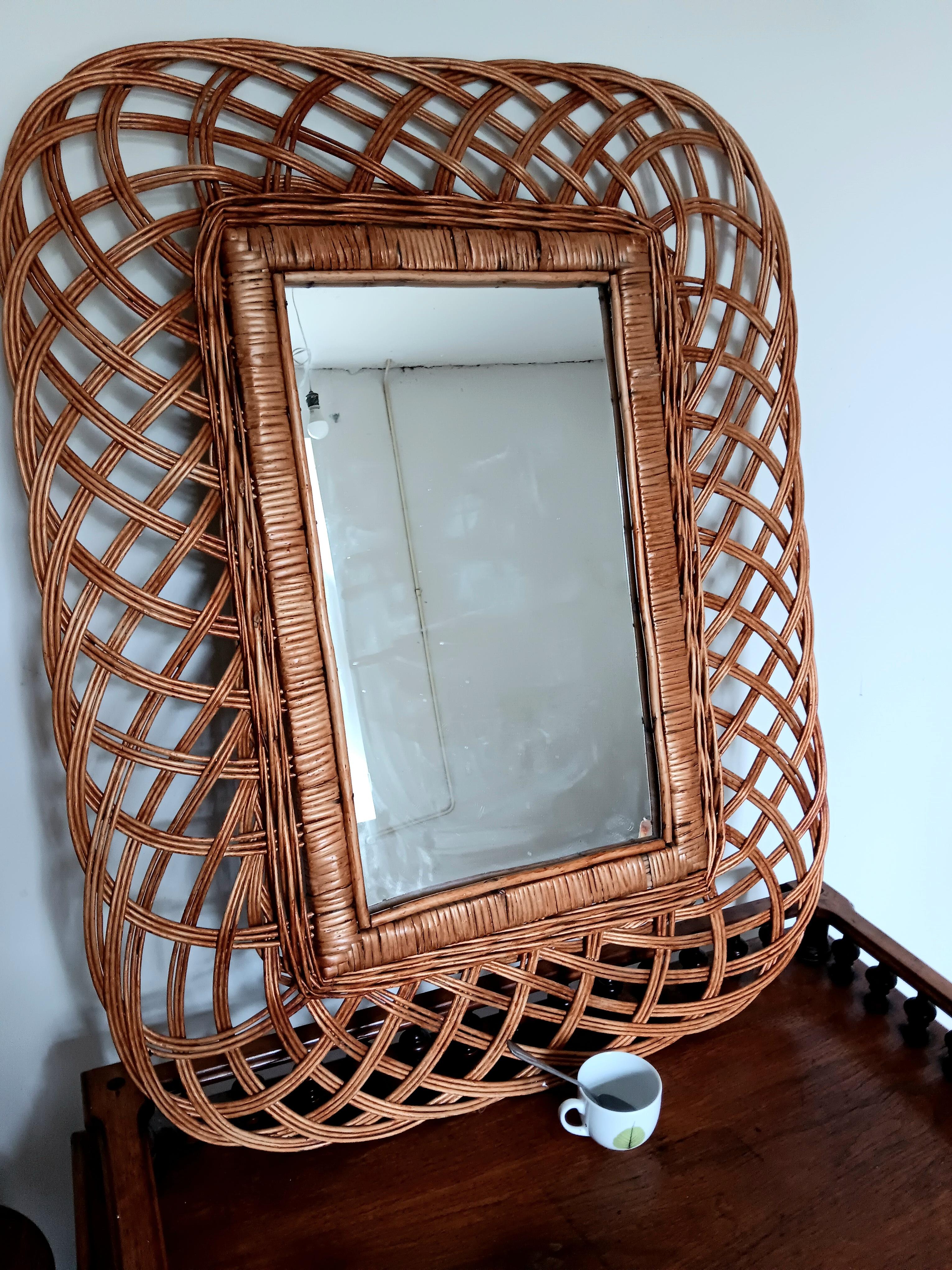 Großer Spiegel Frech Riviere Stil Natürliche Farbe Rattan Mitte des 20. Jahrhunderts Italien 50er Jahre im Angebot 8