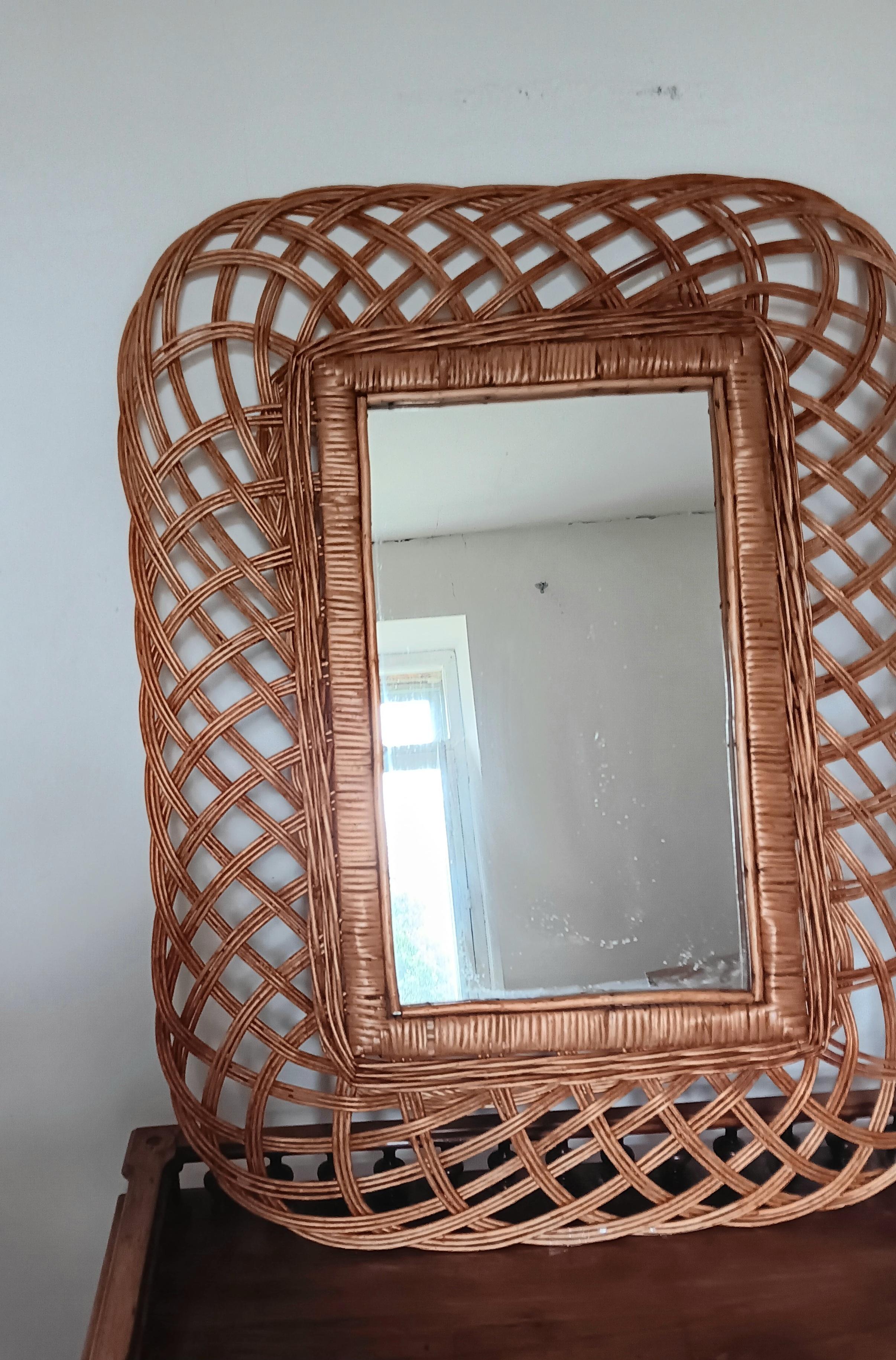 Großer Spiegel Frech Riviere Stil Natürliche Farbe Rattan Mitte des 20. Jahrhunderts Italien 50er Jahre im Angebot 11