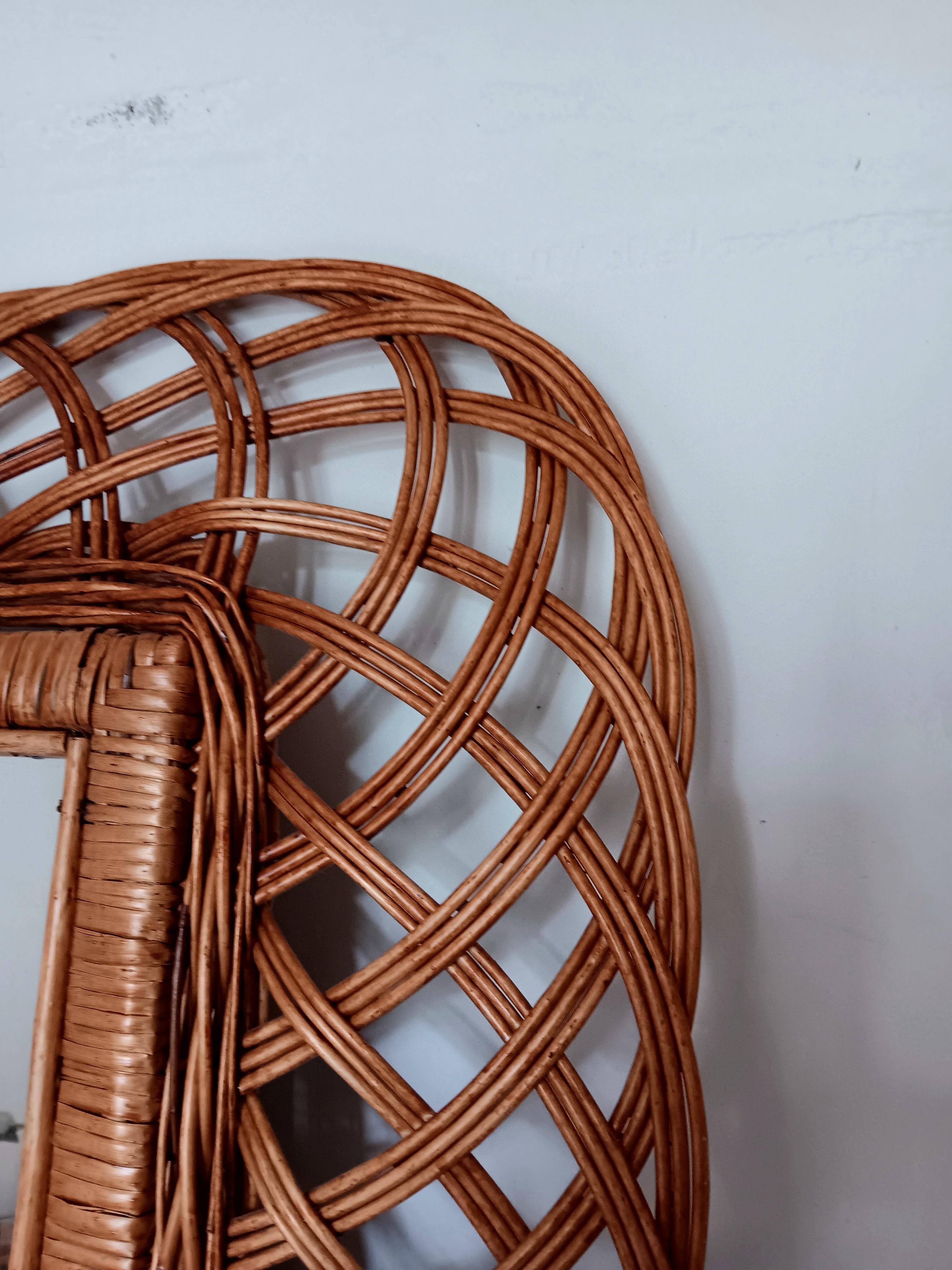 Großer Spiegel Frech Riviere Stil Natürliche Farbe Rattan Mitte des 20. Jahrhunderts Italien 50er Jahre im Angebot 5
