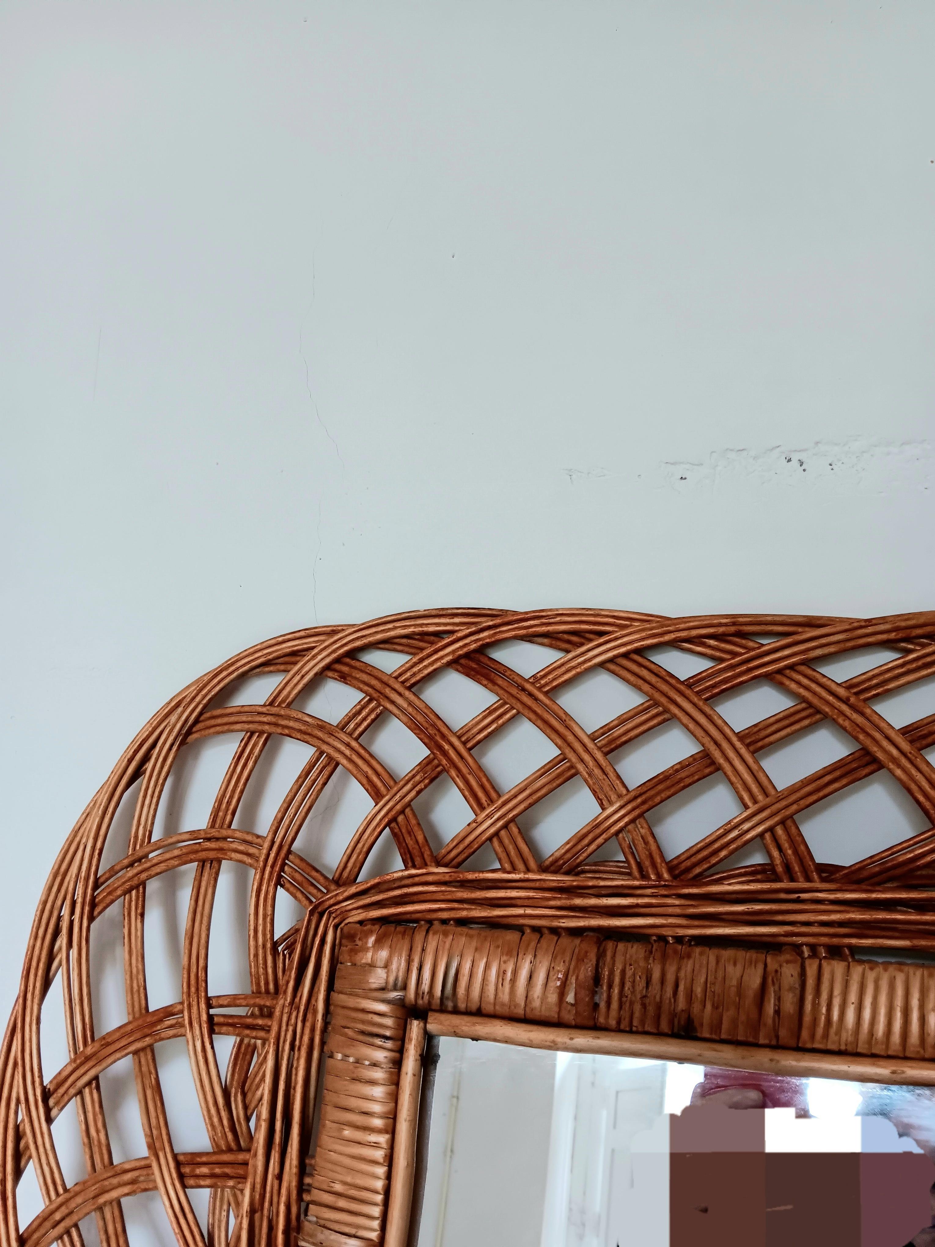 Großer Spiegel Frech Riviere Stil Natürliche Farbe Rattan Mitte des 20. Jahrhunderts Italien 50er Jahre im Angebot 6