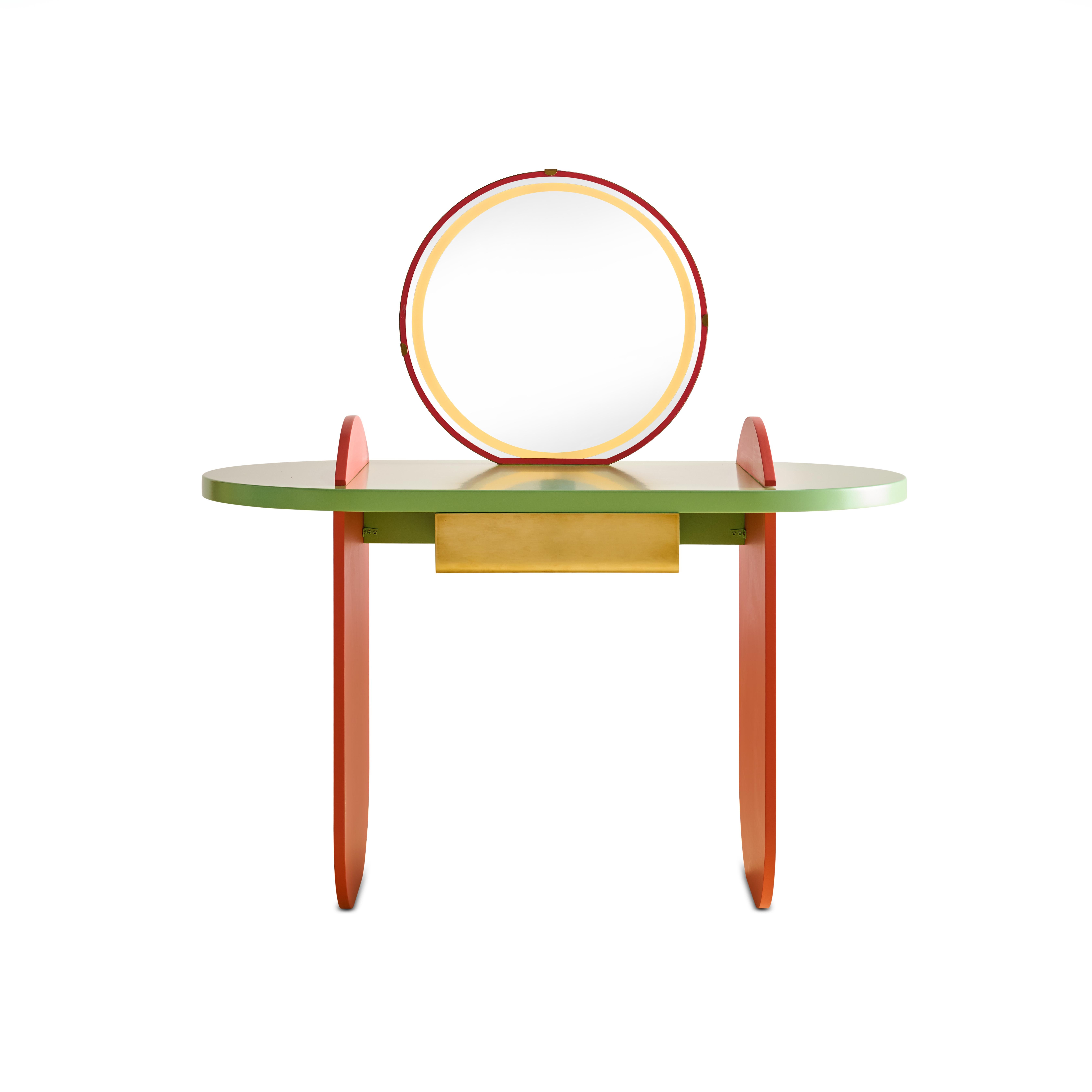 A pop of fun intended to uplift the make-up experience. This
table comprises of simple forms but speaks brightly with salmon
colored bases contrasted with a pistachio countertop. A backlit,
soft glow mirror that always puts you in the right