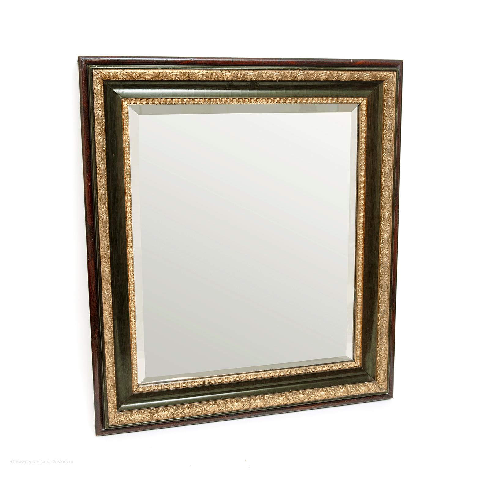 French Mirror Neoclassical Green Lacquerwork Woodgrain Original Bevelled Plate Ormolu For Sale