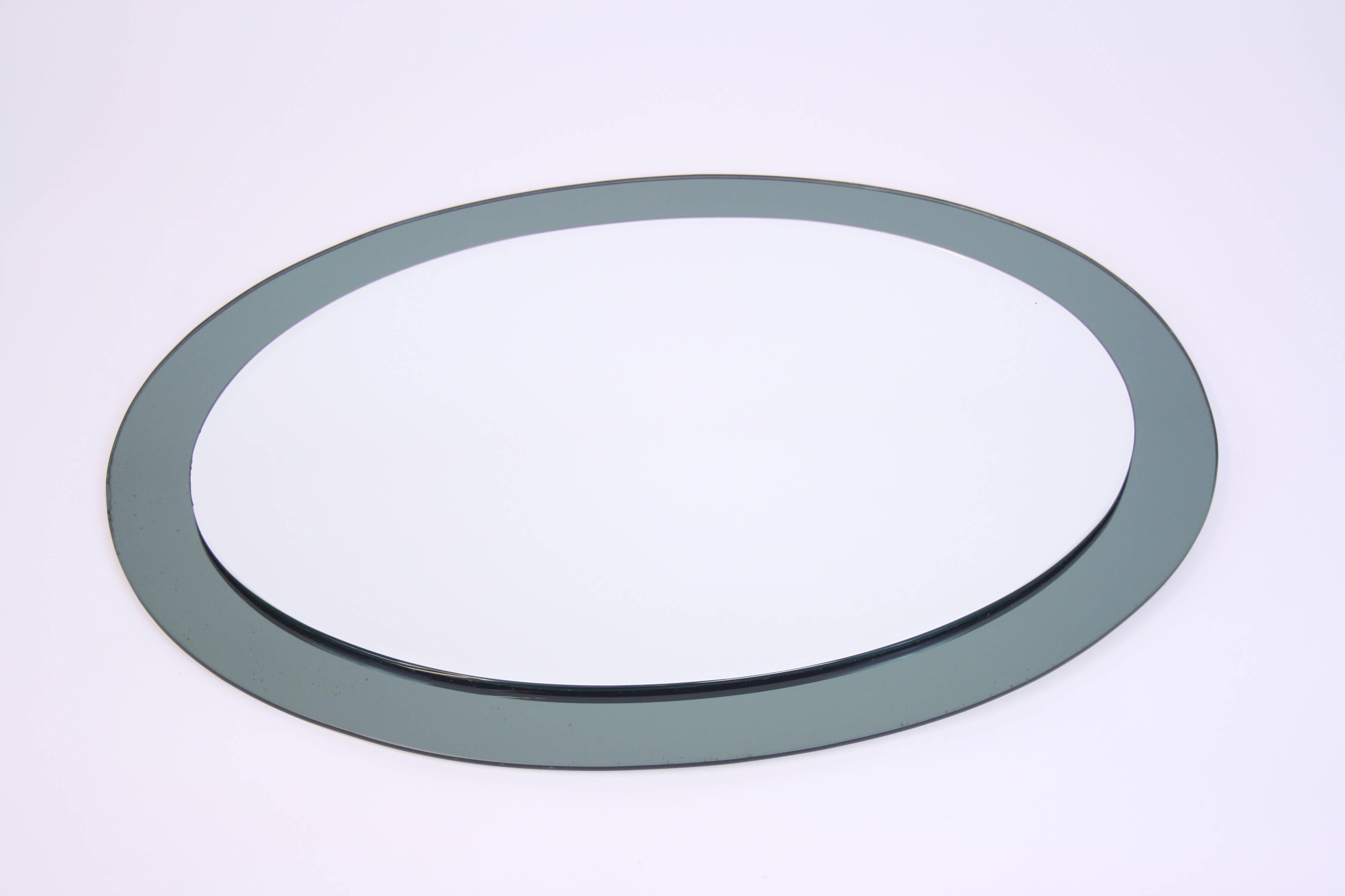 Mid-Century Modern Mirror Oval Blue Green Glassframe in the Manner of Fontana Arte, Italy, 1960s For Sale