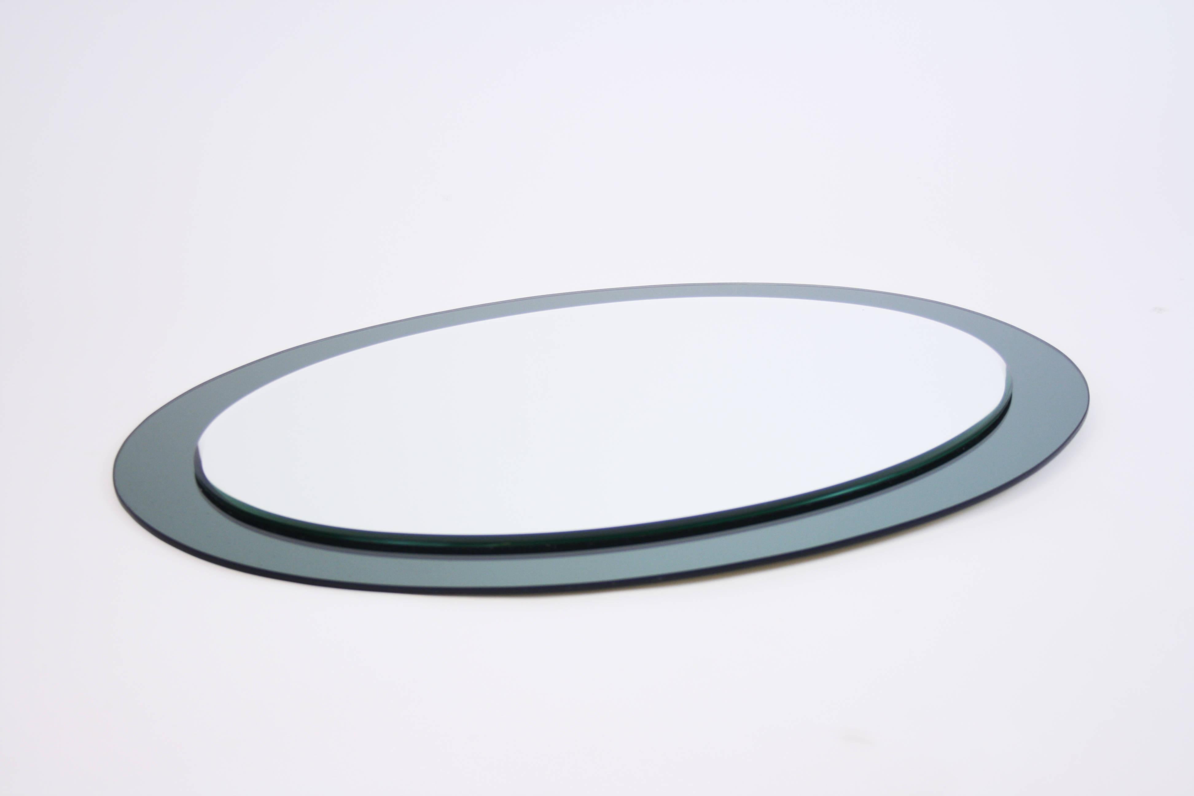 Italian Mirror Oval Blue Green Glassframe in the Manner of Fontana Arte, Italy, 1960s For Sale