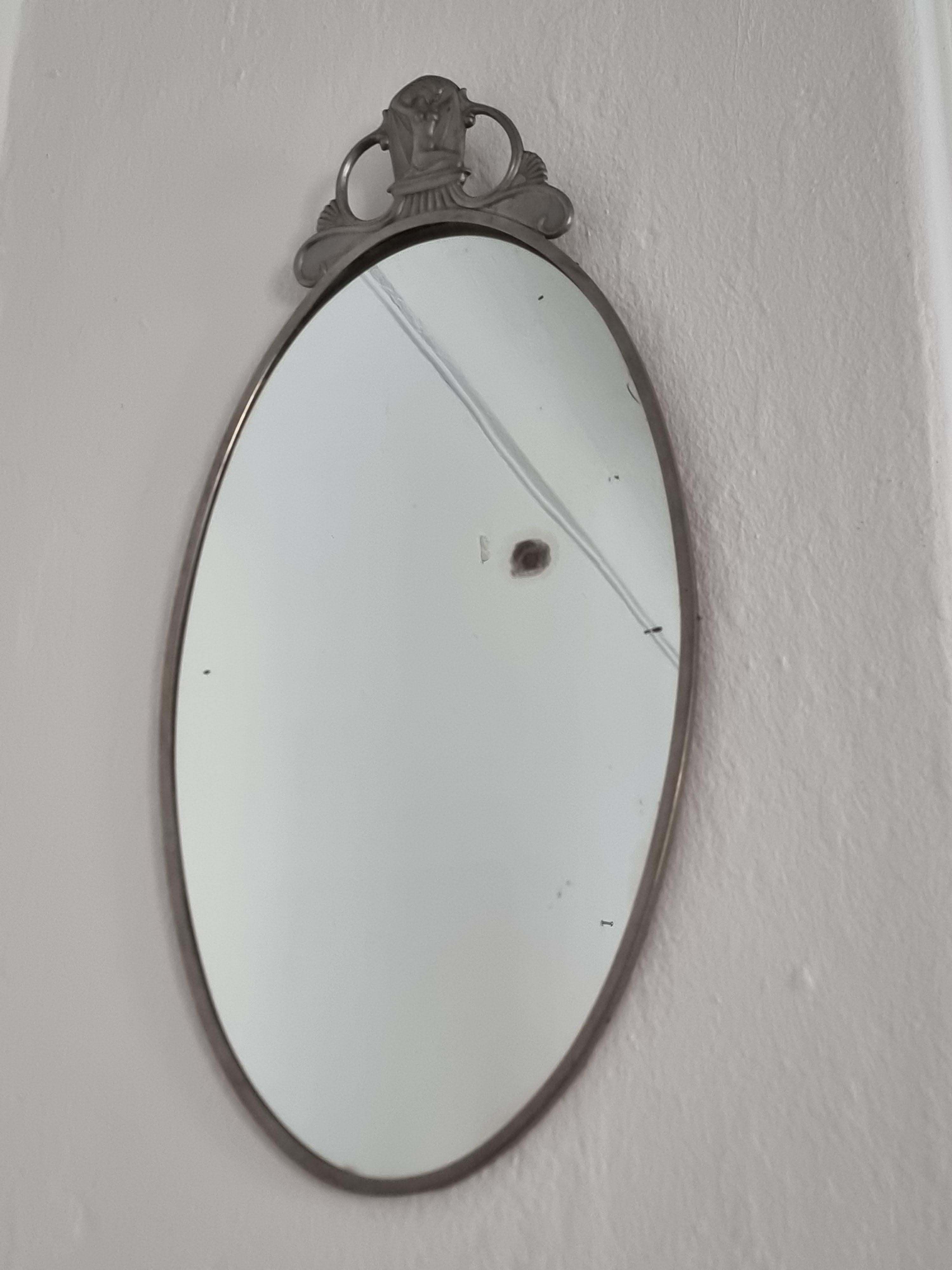 Mirror, pewter with decor of woman, Swedish Grace 1930s In Fair Condition For Sale In Stockholm, SE