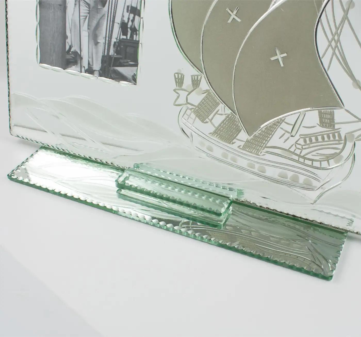 Glass Mirror Picture Frame with Sailing Boat Etching, France 1940s For Sale