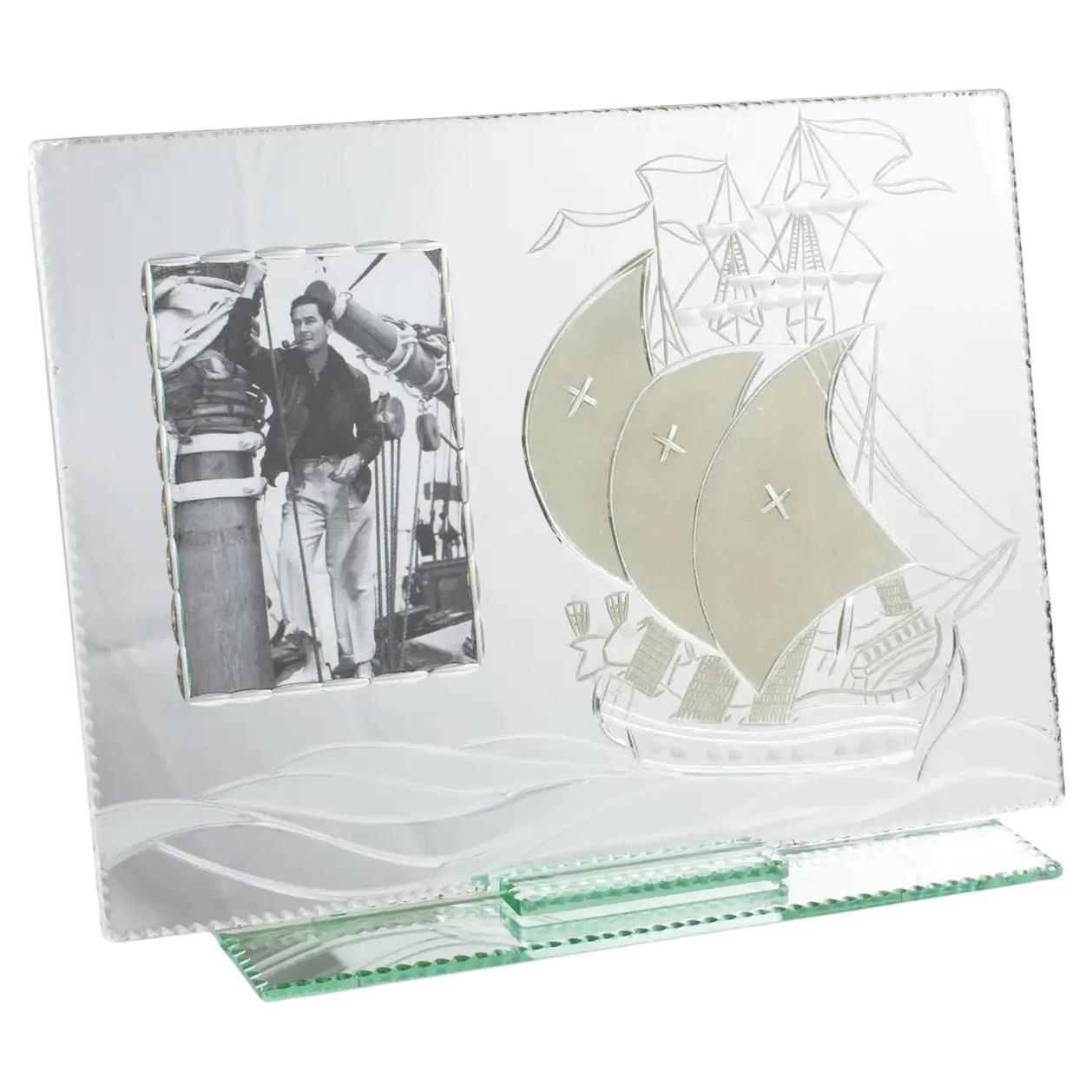 Mirror Picture Frame with Sailing Boat Etching, France 1940s For Sale