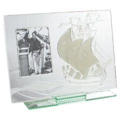 Used Mirror Picture Frame with Sailing Boat Etching, France 1940s