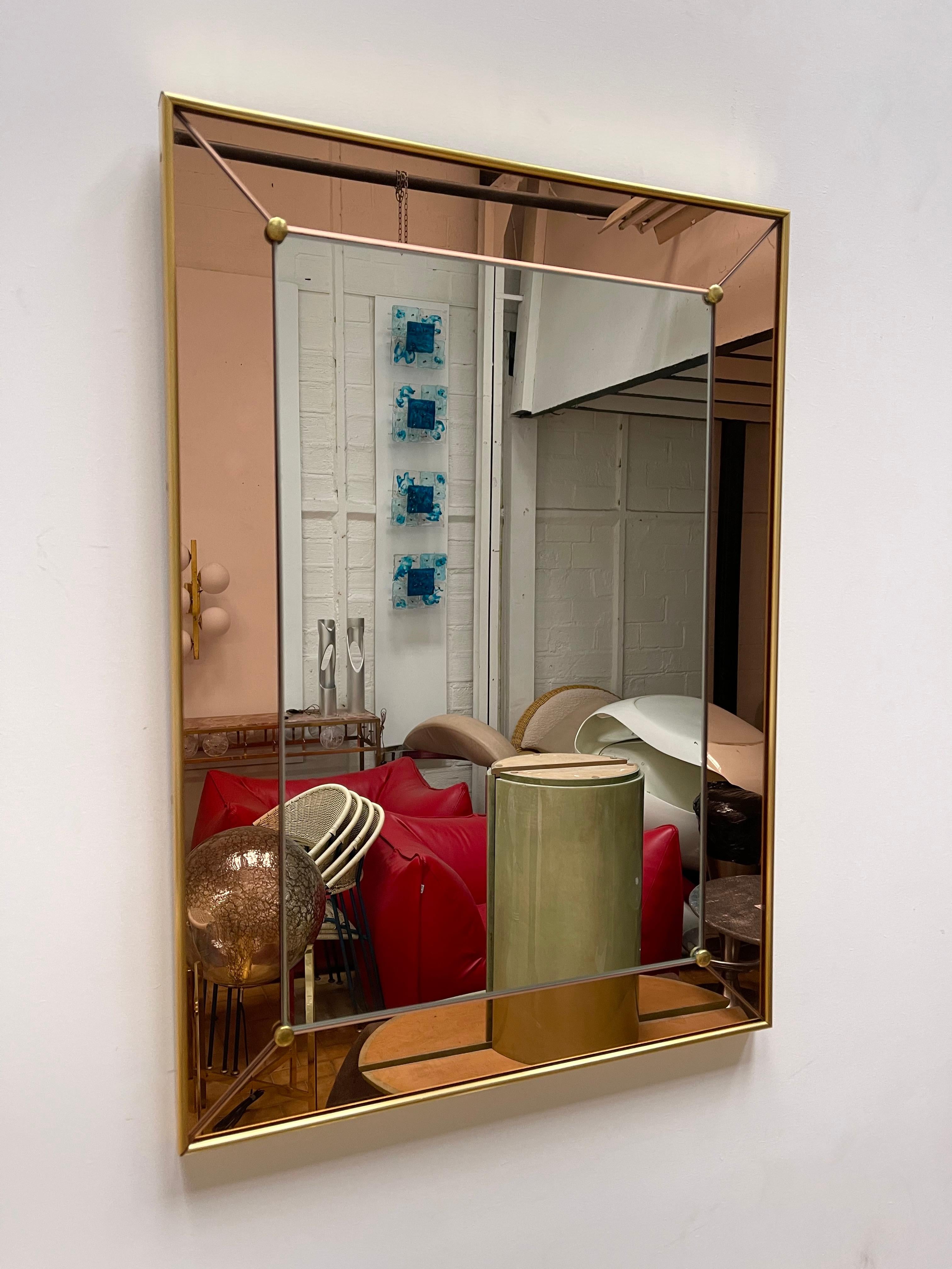 Mid-Century Modern Mirror Pink and Brass by Cristal Art, Italy, 1960s