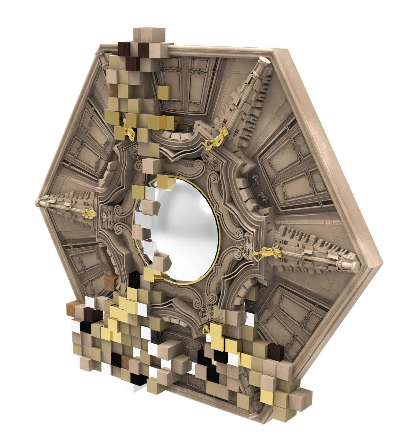 Mirror pixels
Product features: Poplar, six different finishes: colored in champagne, rosewood veneer, convex mirror, gold leaf, silver leaf.
Estimated production time: 15 - 16 weeks
Measures: Height: 10 cm
Width: 160 cm.