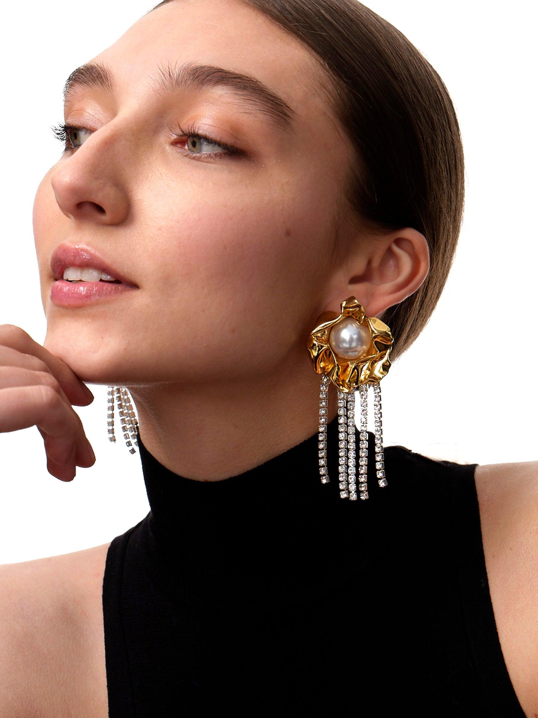 Contemporary Mirror Polish Gold Plated Titania Pearl Crystal Fringe Earrings By Sterling King For Sale