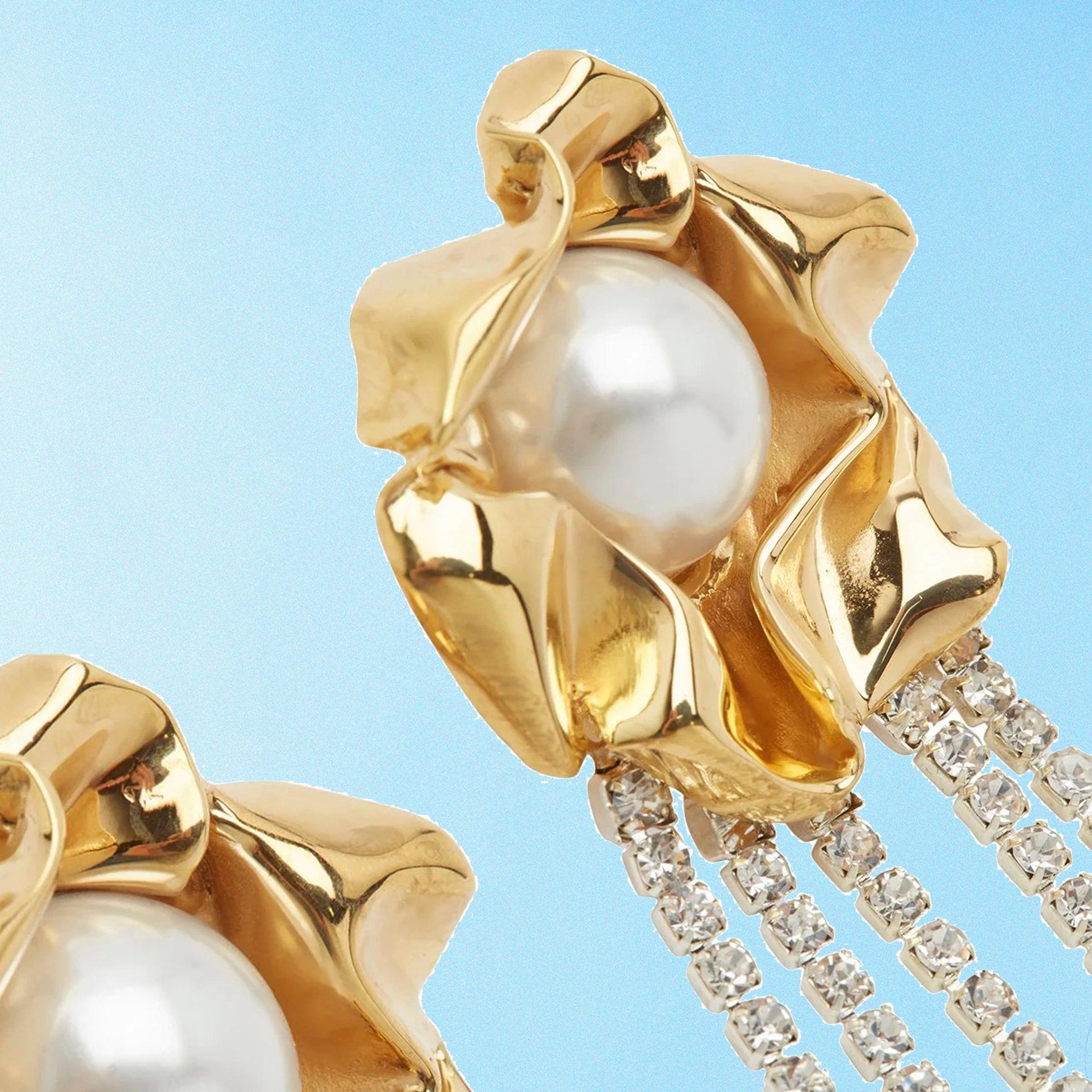 Radiant Cut Mirror Polish Gold Plated Titania Pearl Crystal Fringe Earrings By Sterling King For Sale