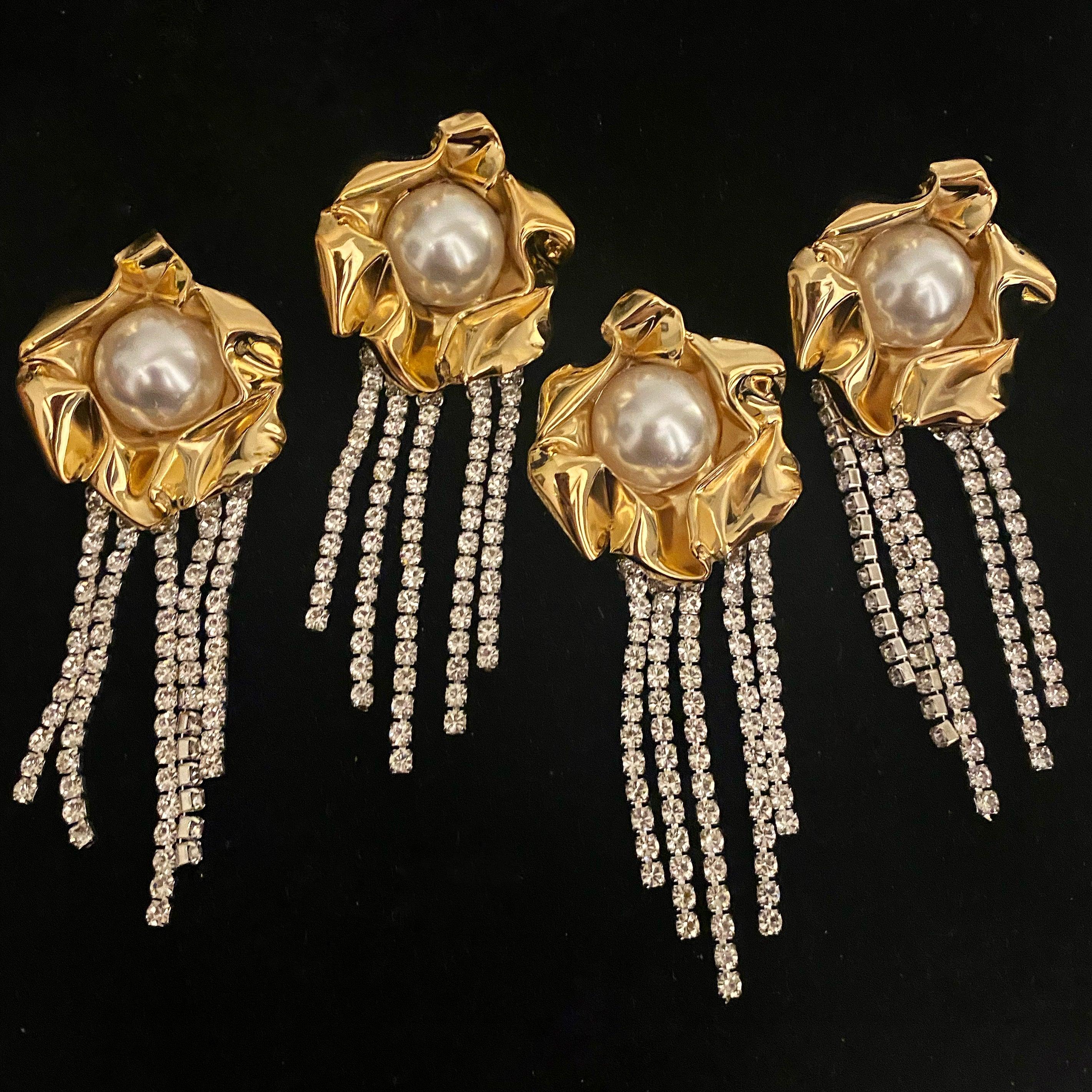 Mirror Polish Gold Plated Titania Pearl Crystal Fringe Earrings By Sterling King In New Condition For Sale In New York, NY