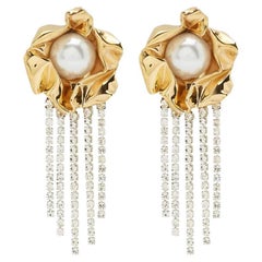 Mirror Polish Gold Plated Titania Pearl Crystal Fringe Earrings By Sterling King
