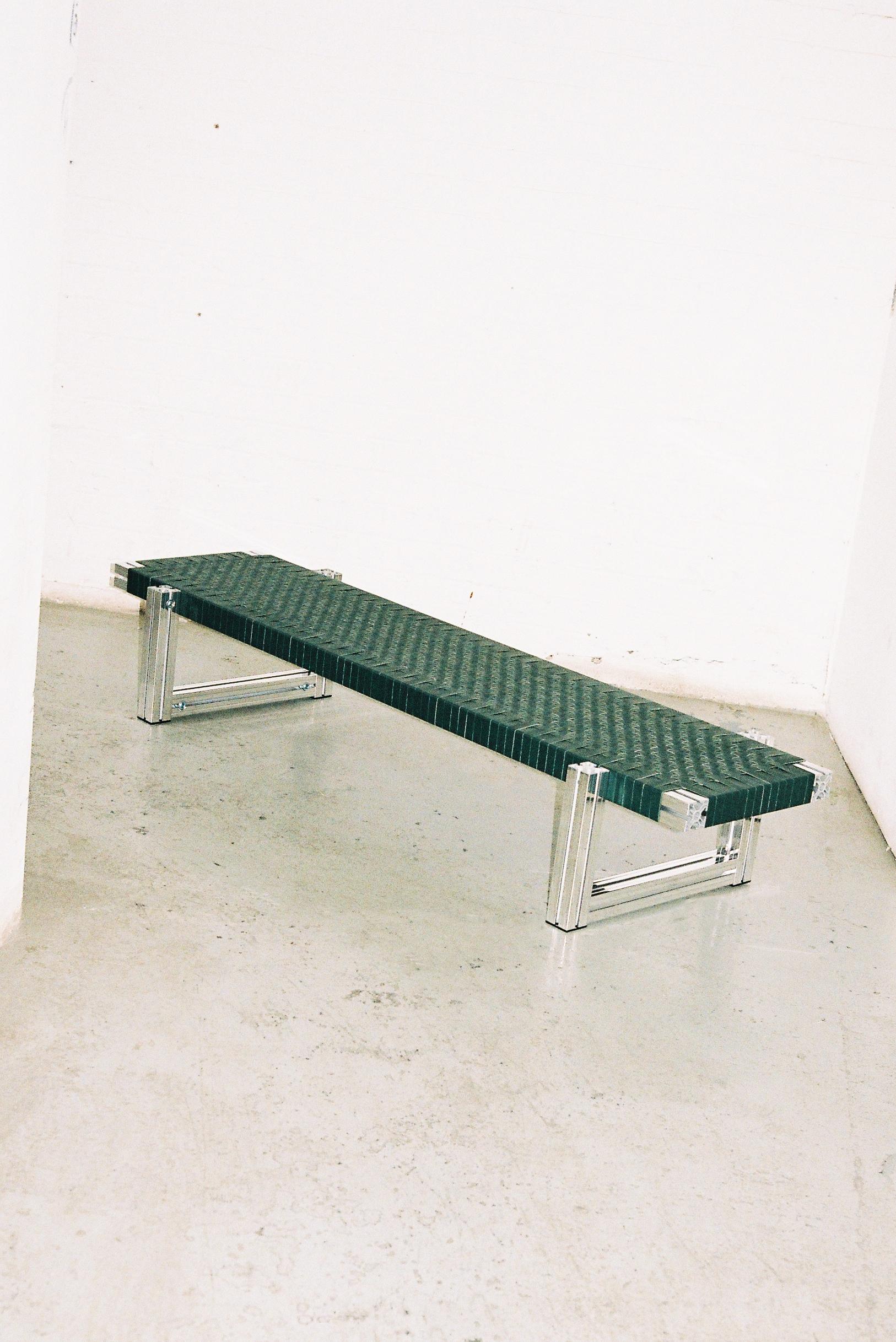 Mirror Polished Aluminium Bench with Dark Green Leather Webbing Seating For Sale 3