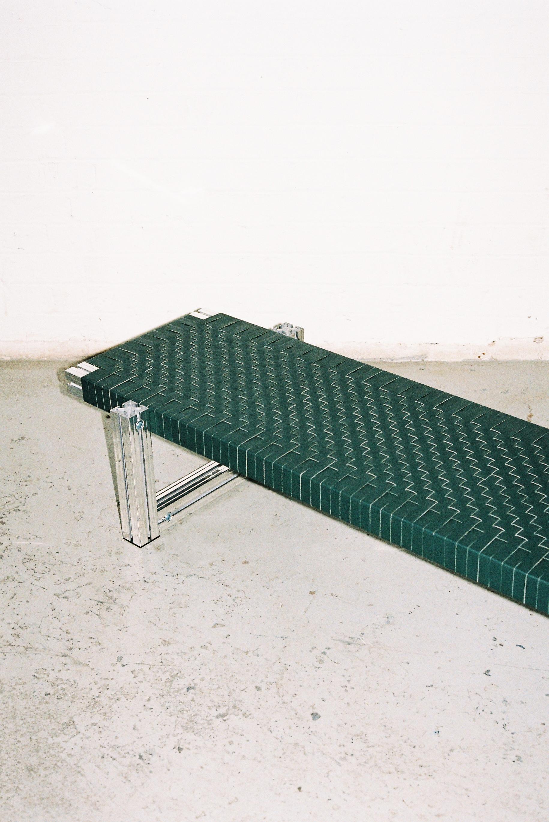 Mirror Polished Aluminium Bench with Dark Green Leather Webbing Seating For Sale 5