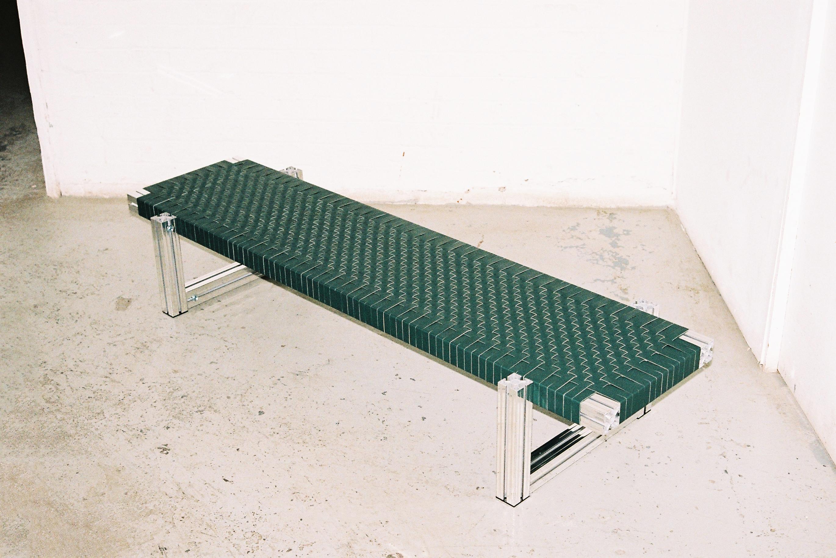 Mirror Polished Aluminium Bench with Dark Green Leather Webbing Seating For Sale 6