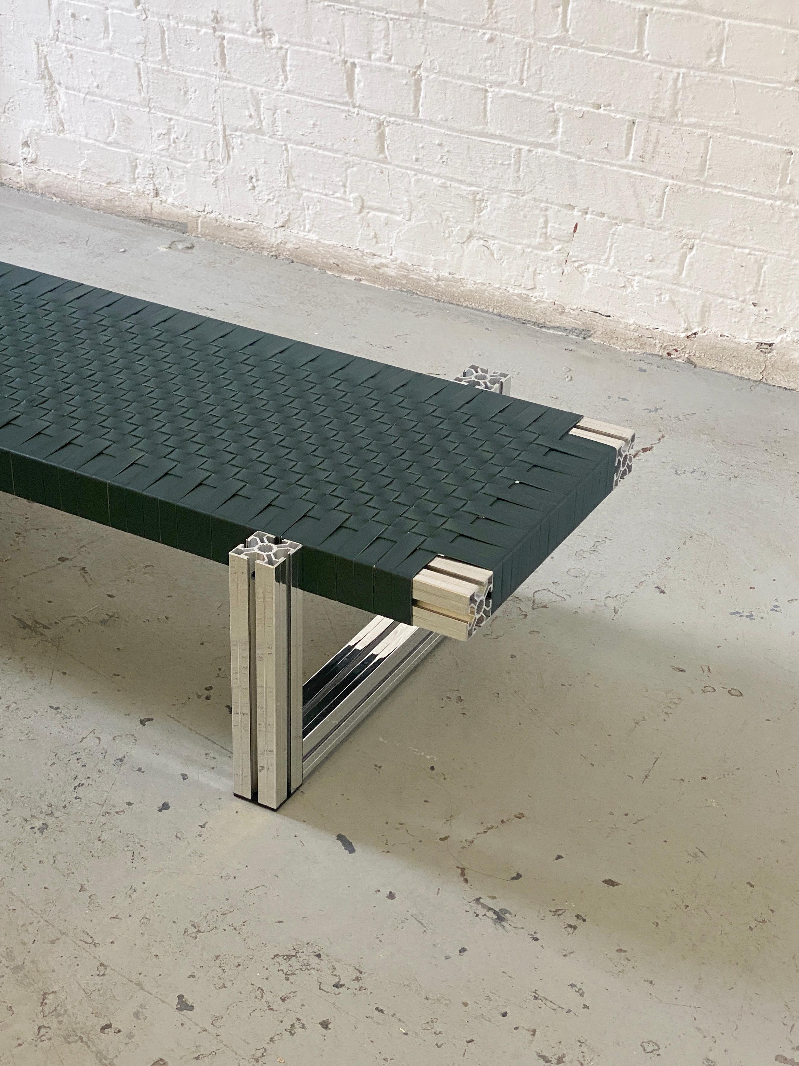 Modern Mirror Polished Aluminium Bench with Dark Green Leather Webbing Seating For Sale