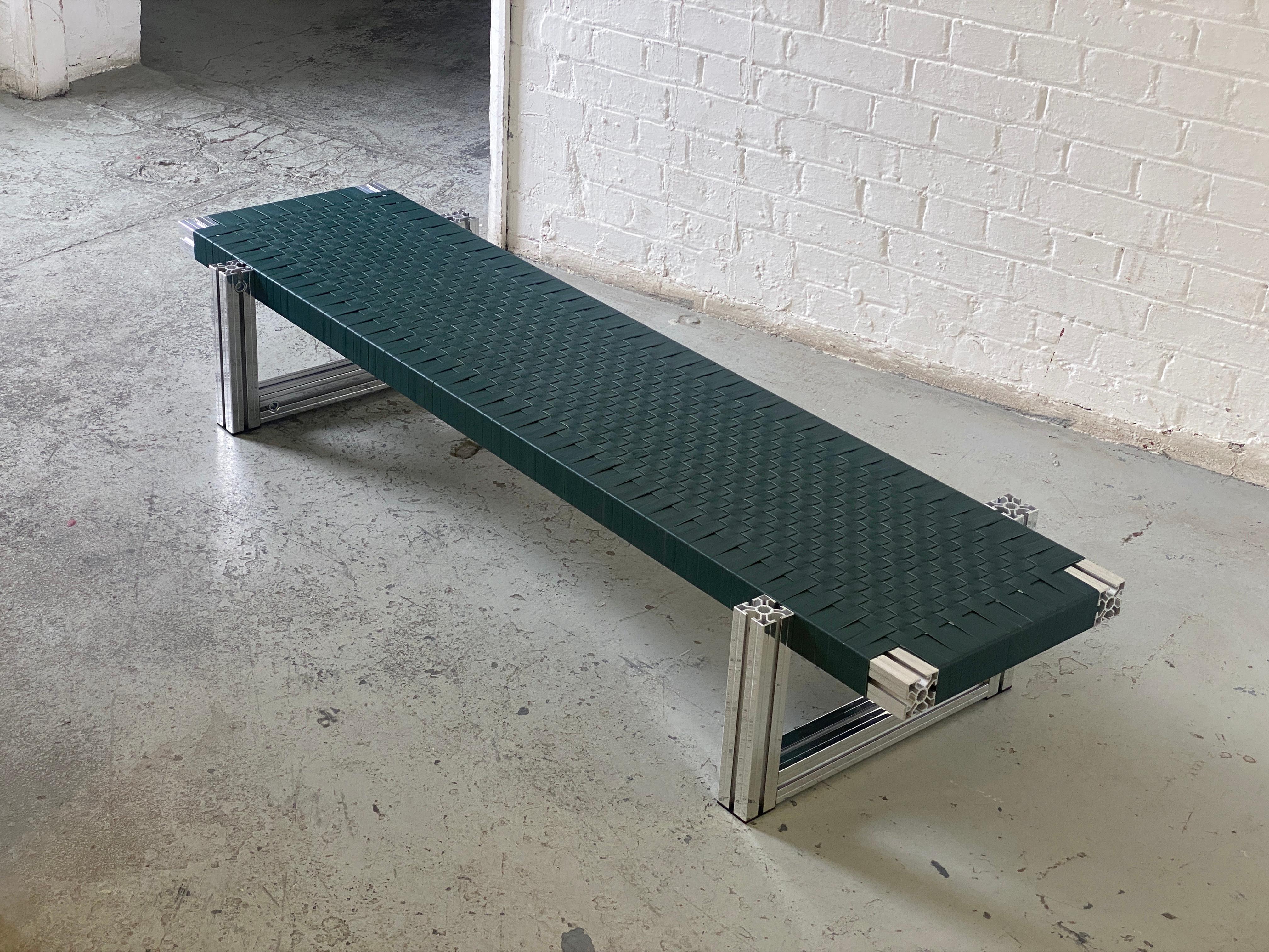 British Mirror Polished Aluminium Bench with Dark Green Leather Webbing Seating For Sale