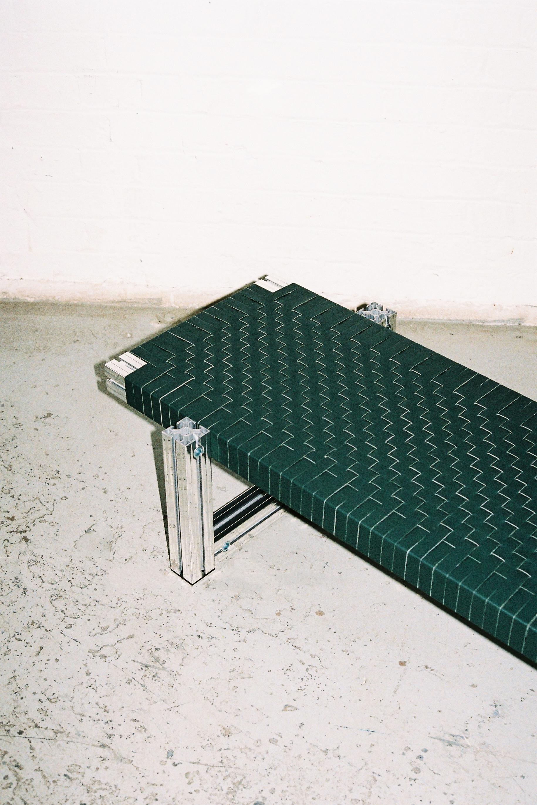 Mirror Polished Aluminium Bench with Dark Green Leather Webbing Seating For Sale 2