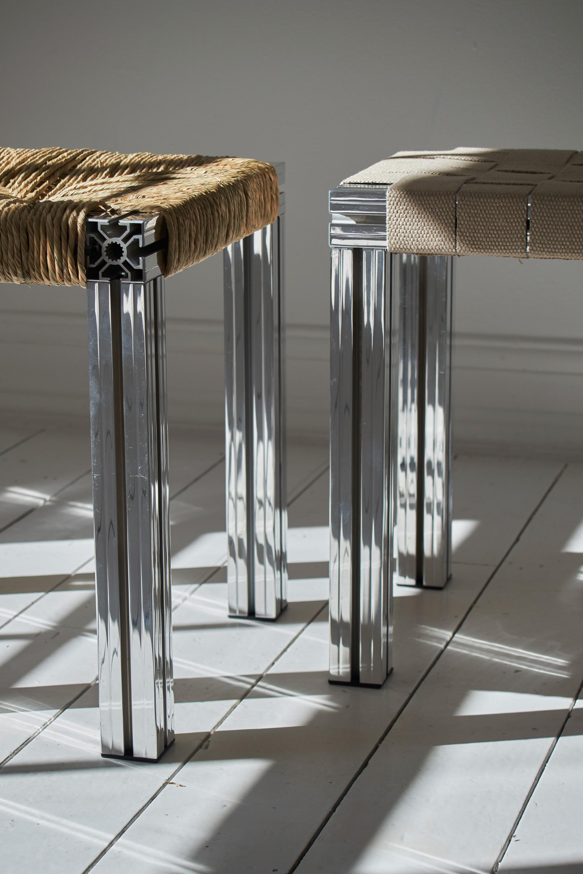 British Mirror Polished Aluminium Stool with Beige Vegan Apple Leather Seating For Sale
