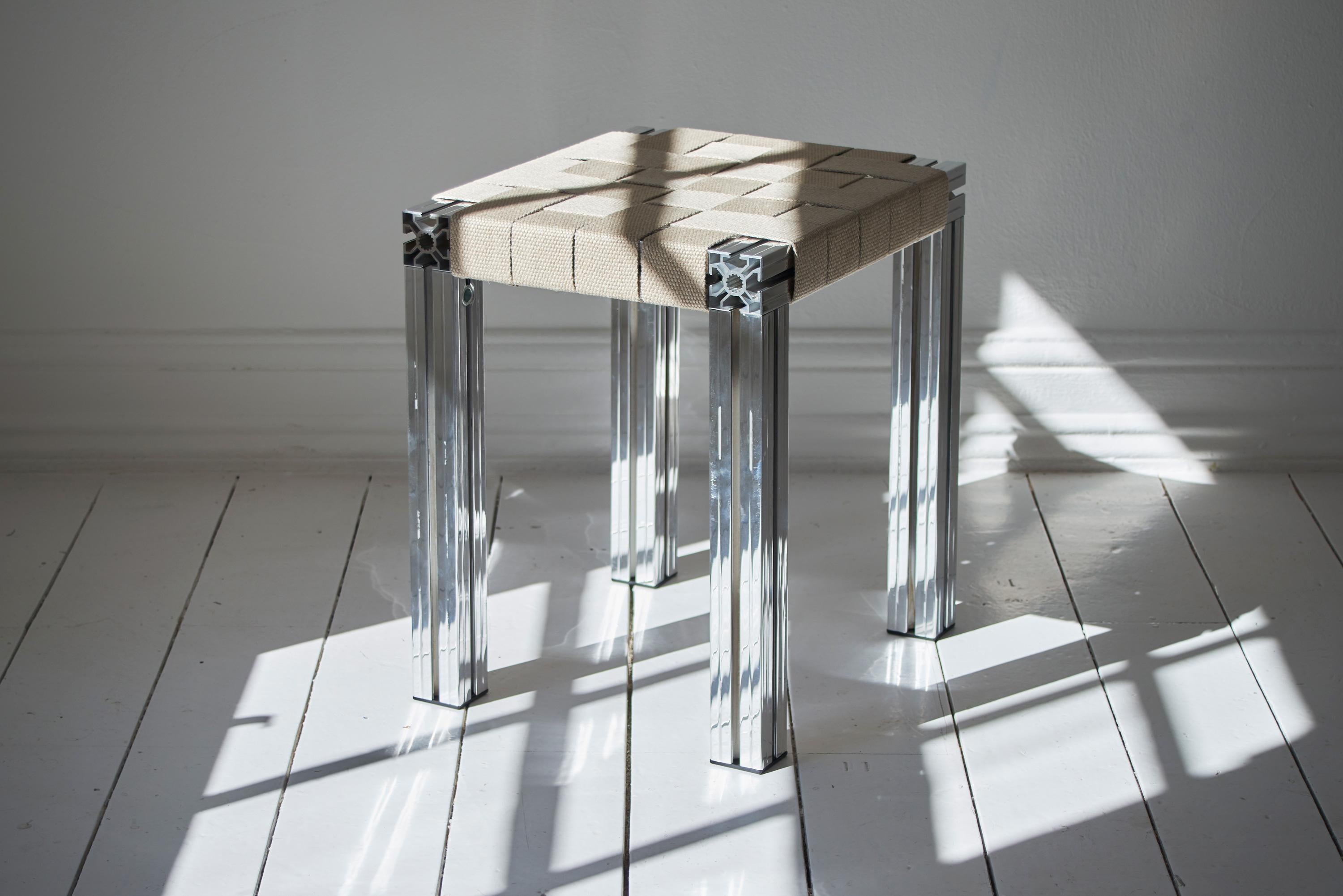 Anodized Mirror Polished Aluminium Stool with Beige Vegan Apple Leather Seating For Sale