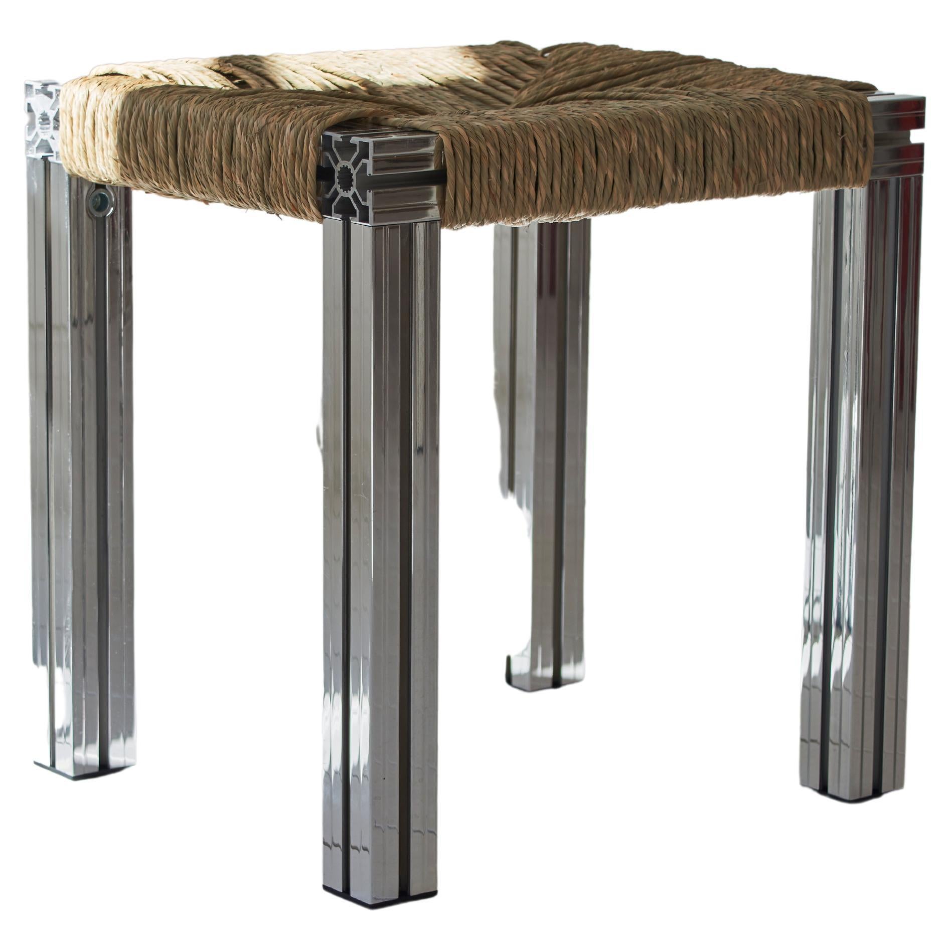Mirror Polished and Rush Weave Wicker Stool by Tino Seubert