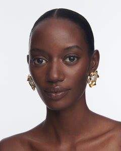 Mirror Polished Gold Plated Dimensional Oversized Pearl Statement Earrings