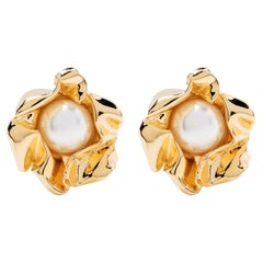 Mirror Polished Gold Plated Dimensional Oversized Pearl Statement Earrings