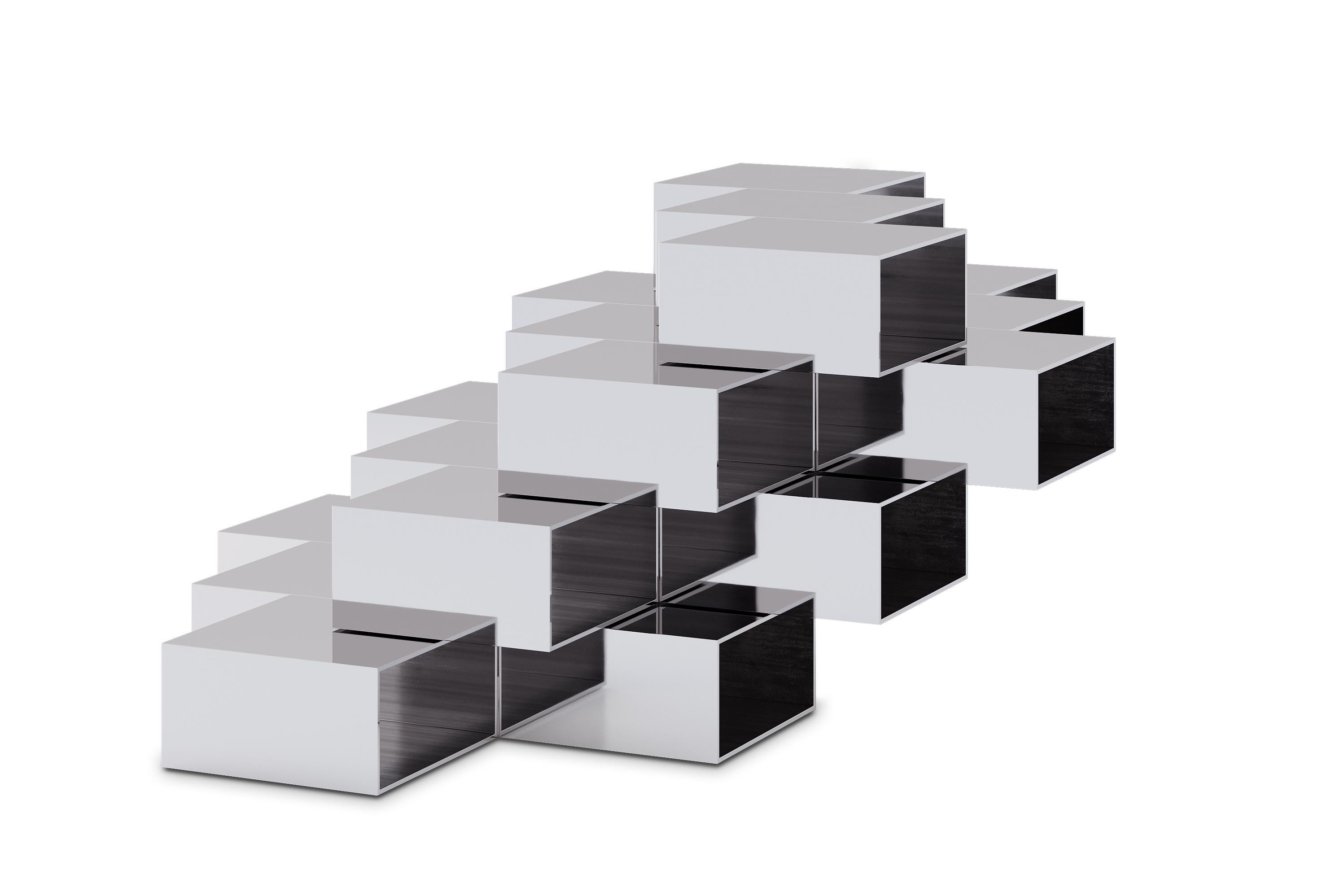 Table basse en métal poli miroir TERMS cubiste à gradins en vente