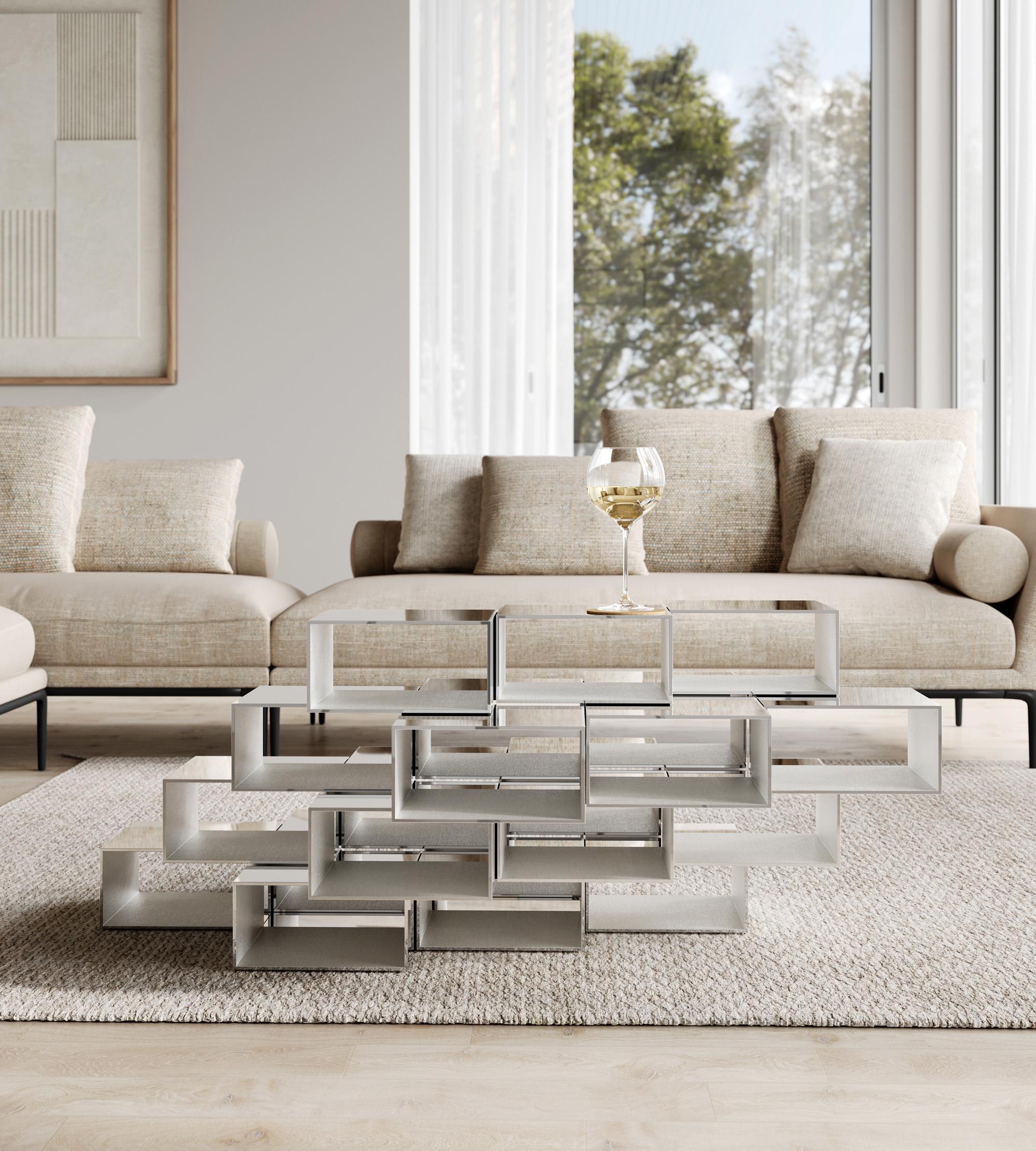 Aluminum Mirror-Polished Metal Cubist stepped TERMS Coffee Table For Sale