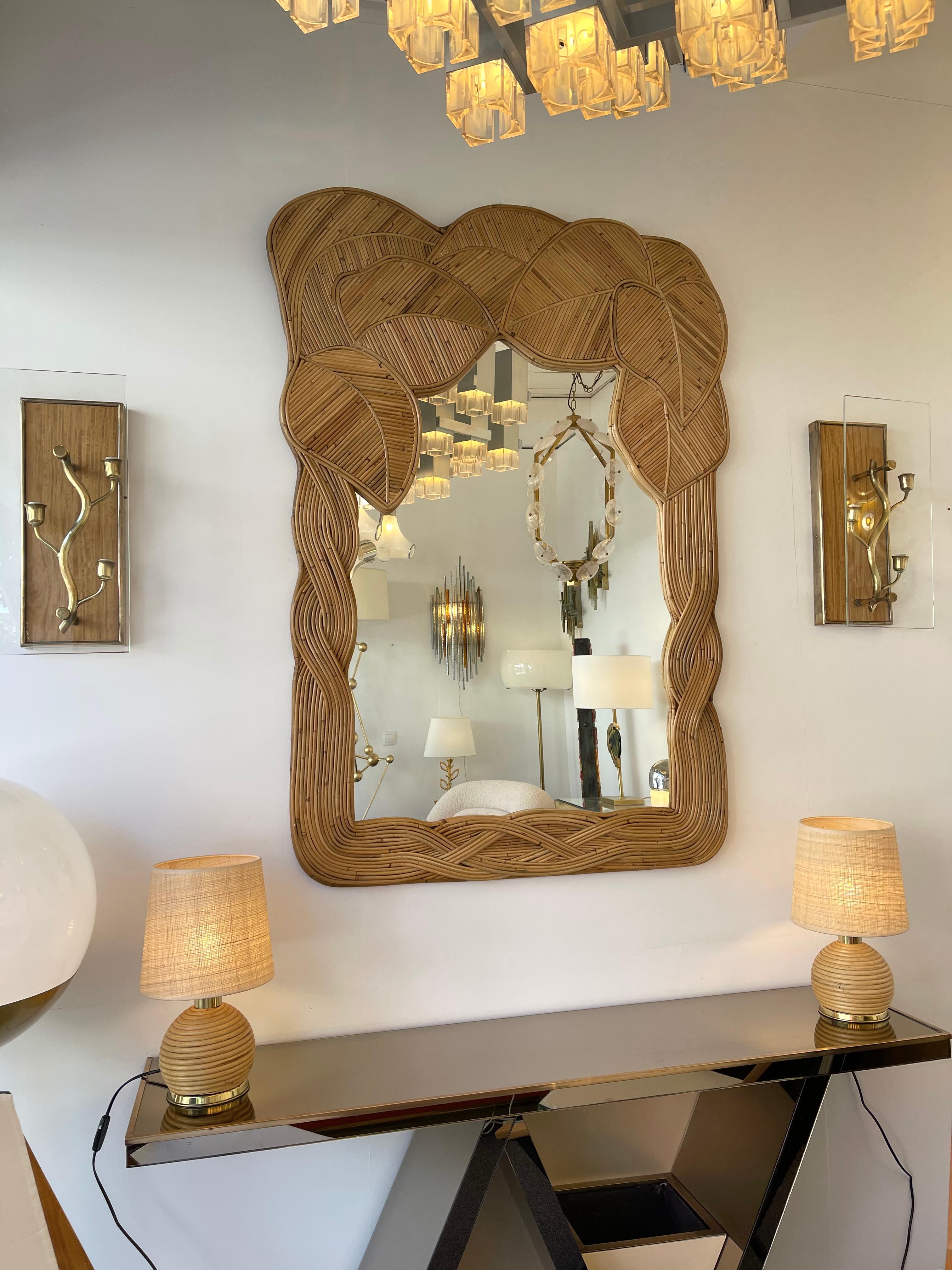 Mirror Rattan Palm Tree Braided Leaf, France, 1980s 6