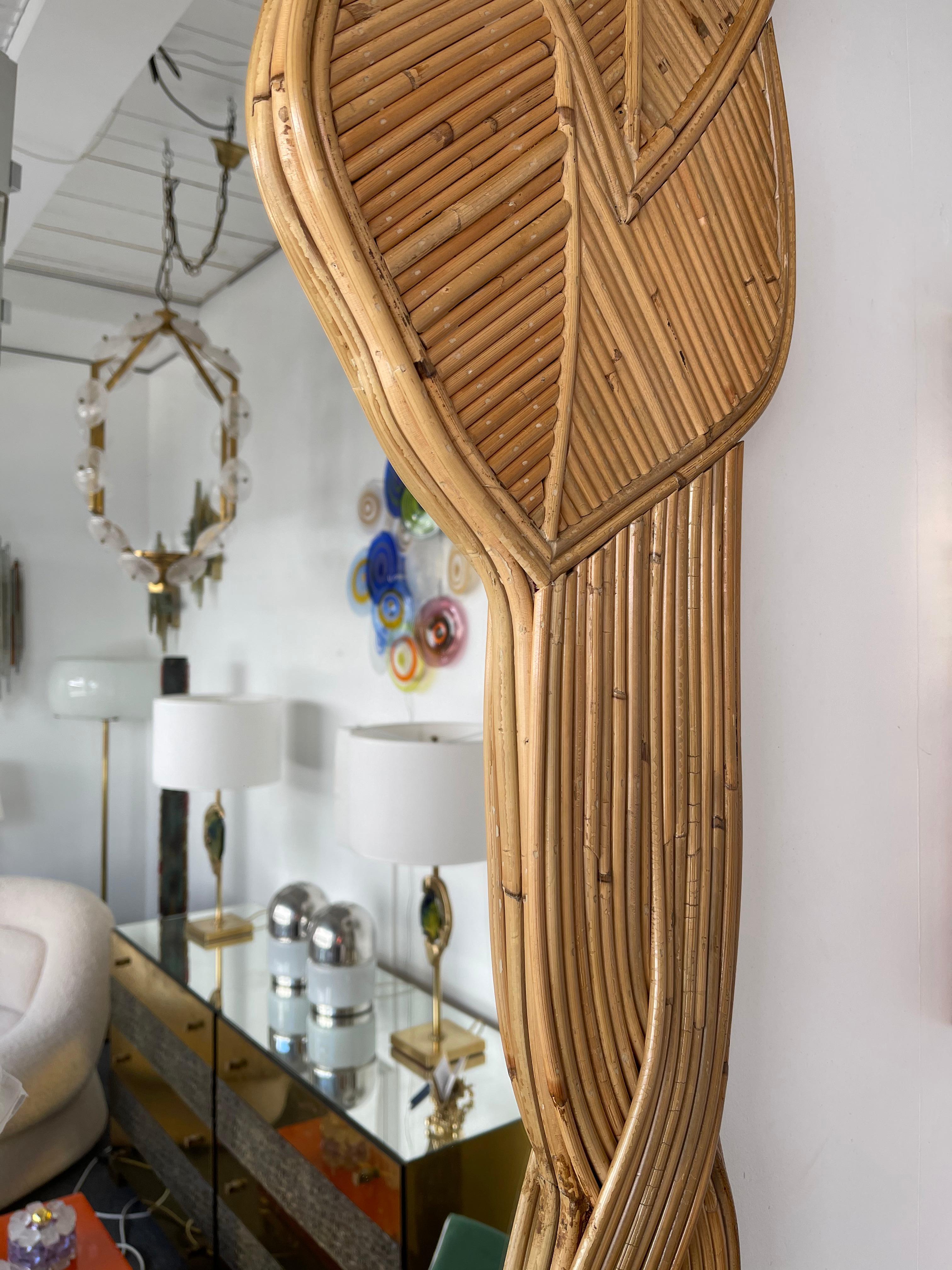 Mirror Rattan Palm Tree Braided Leaf, France, 1980s In Good Condition In SAINT-OUEN, FR