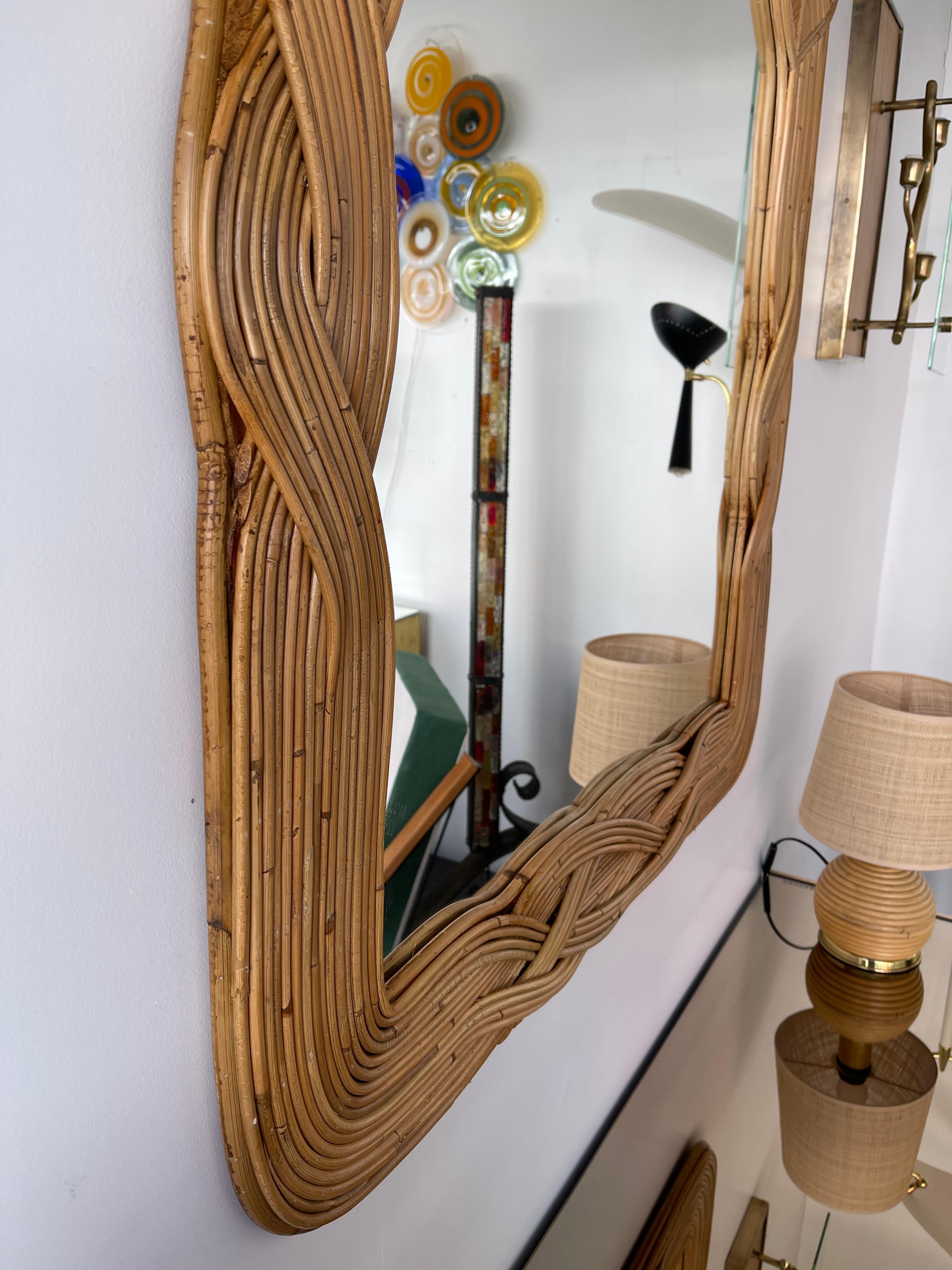 Late 20th Century Mirror Rattan Palm Tree Braided Leaf, France, 1980s