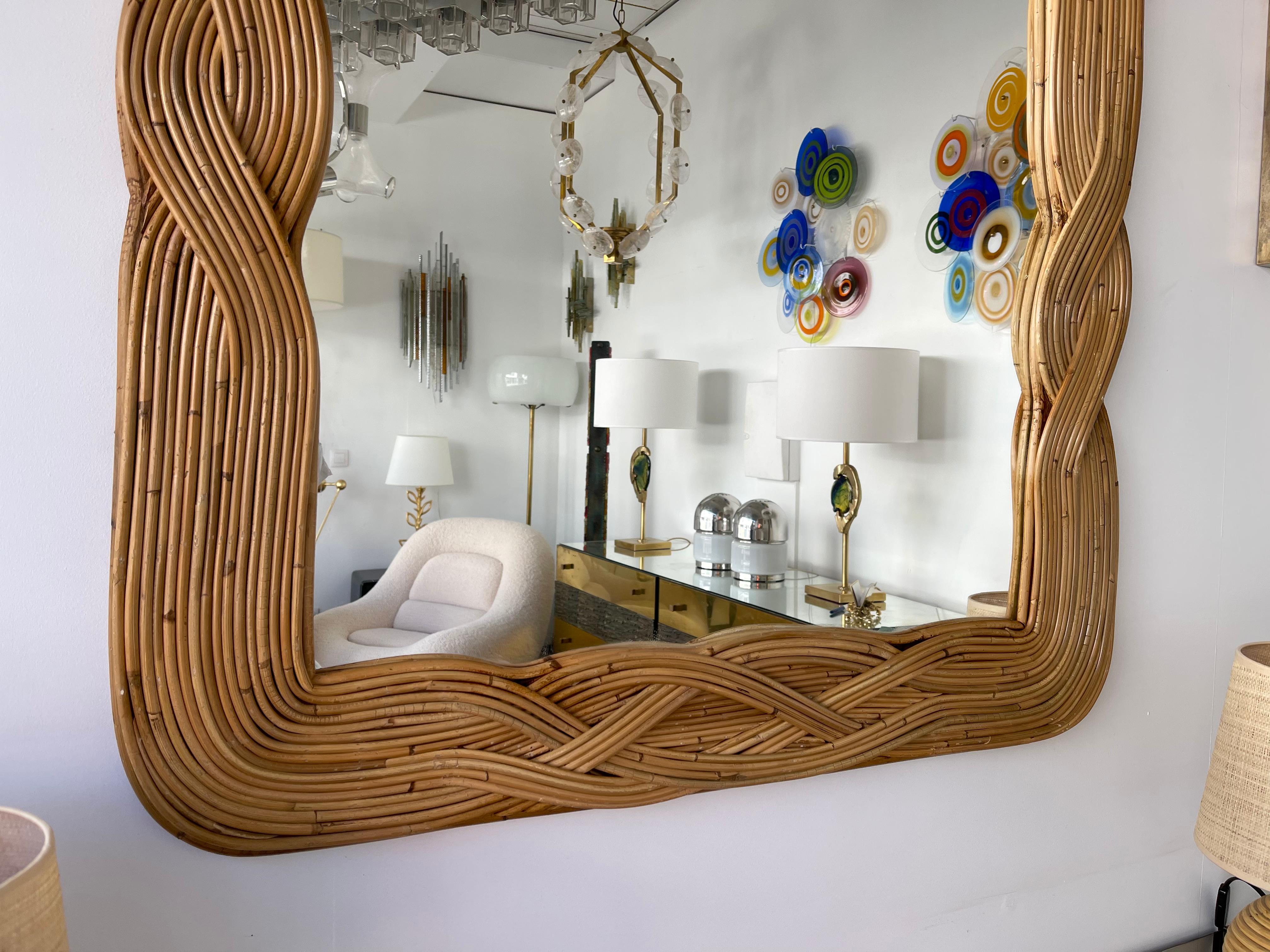Mirror Rattan Palm Tree Braided Leaf, France, 1980s 3