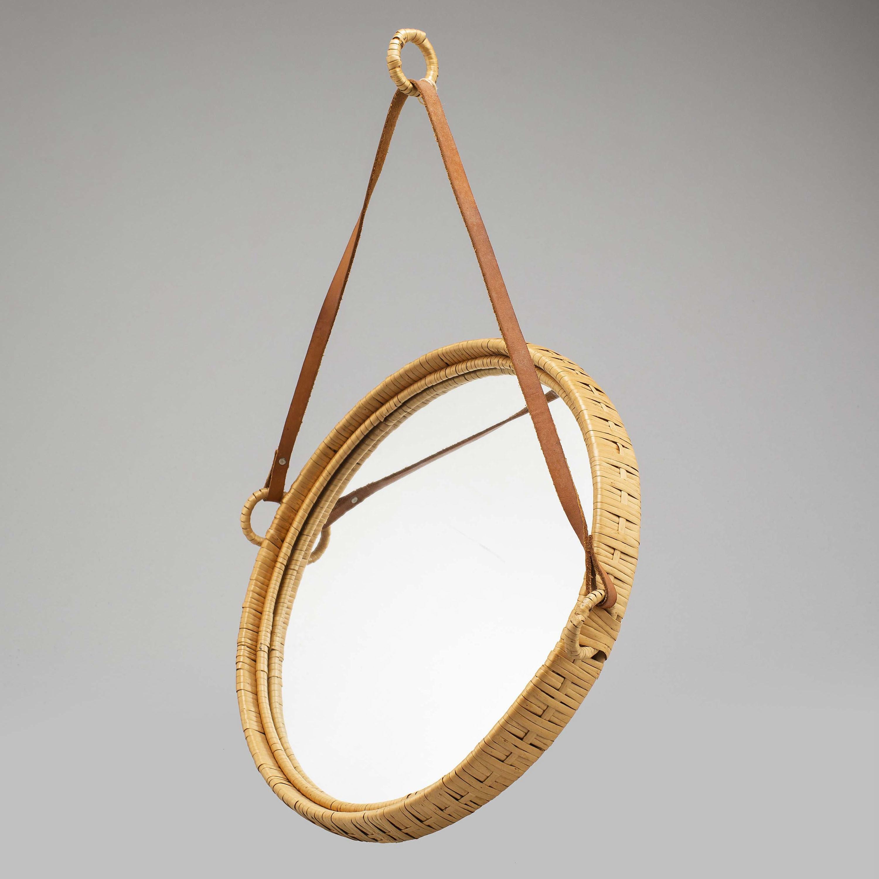 Mirror, rattan, Sweden, 1960s, leather strap.