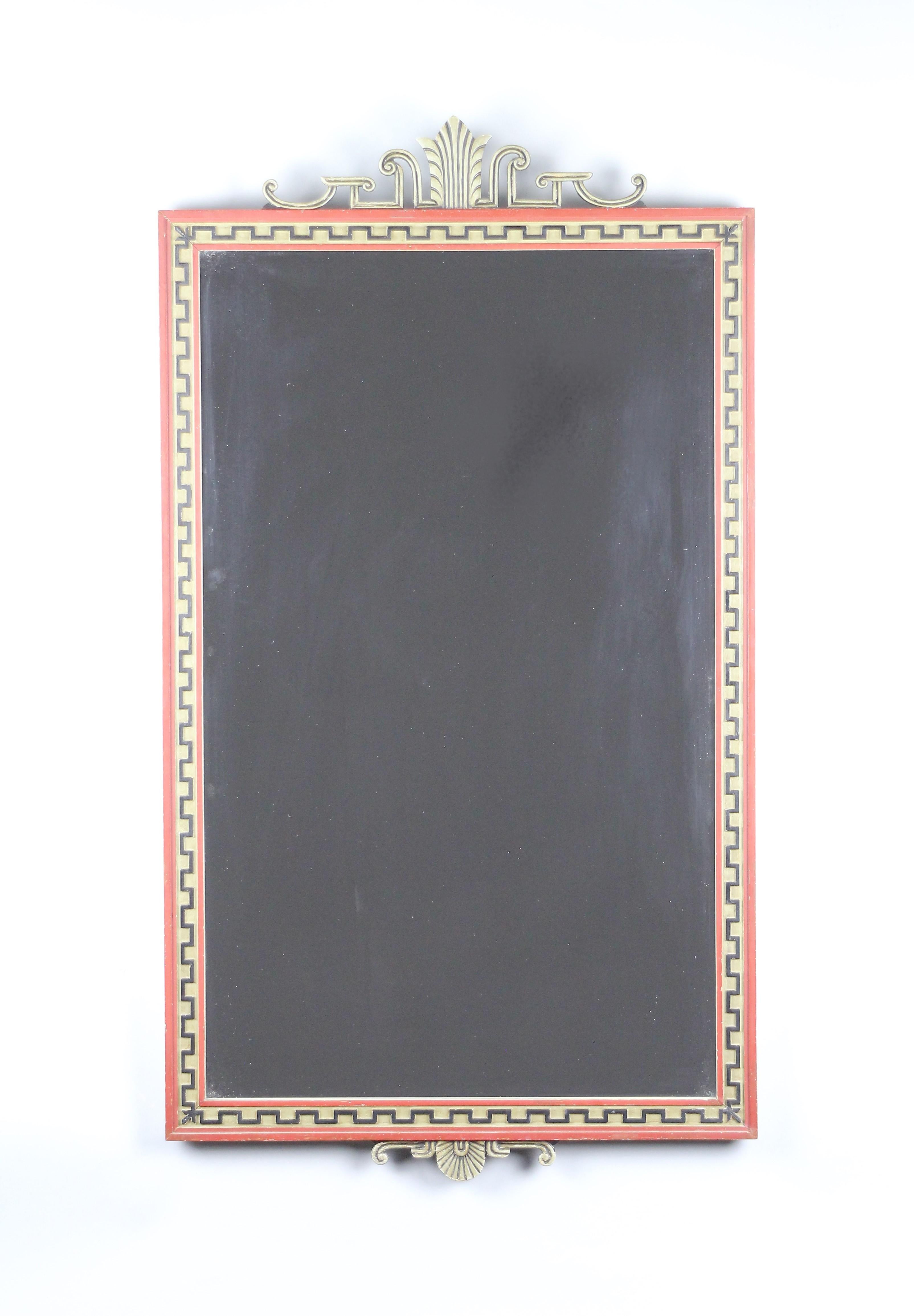 A very unusual painted Swedish Grace mirror.
In original unrestored condition, no issues.
With a woodcut upper and lower crest.
Height 86 cm (33,86 in).

Made in Sweden in the 1920s.
It is very stylish and painted with red, black and grey