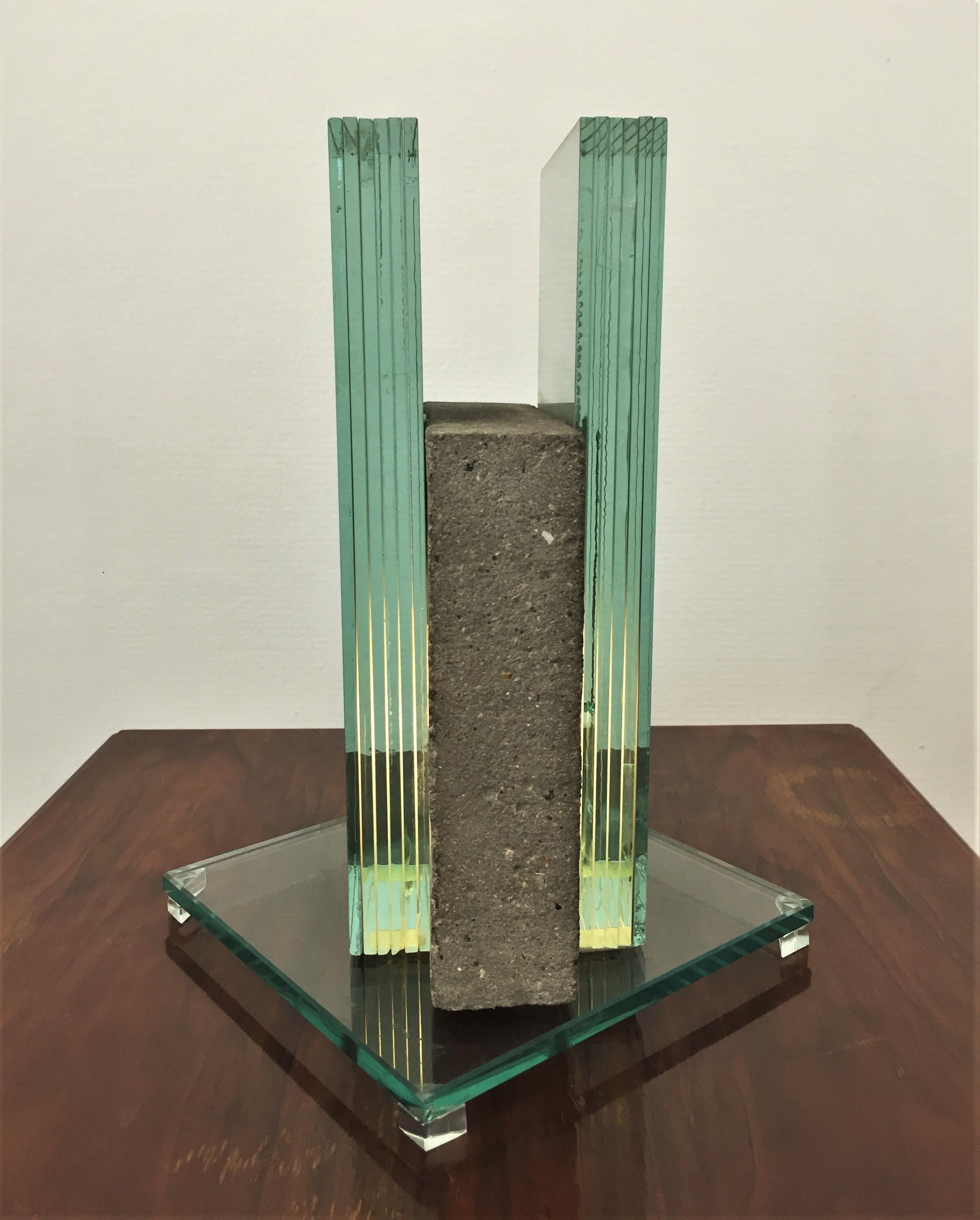 Mirror table lamp designed by Laurent Beyne, mirrored glass, concrete, 1990s, France, signed by the designer.