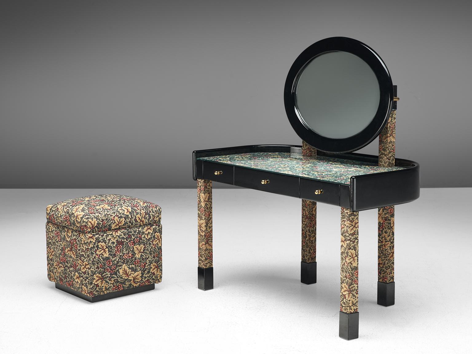 Black lacquered and fabric wrapped vanity/desk with stool by Franco Maria Ricci for SCIC, Italy, circa 1980s.

This rare vanity set was designed by Franco Maria Ricci for SCIC in the 1980s. This Italian piece consist of a small desk with three