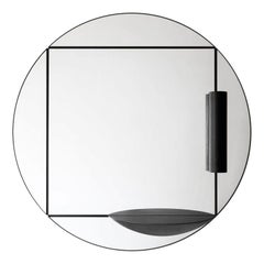 Mirror, Wall Mounted Round Design, Charcoal Dyed Oak, Vase and Shelf, Italy
