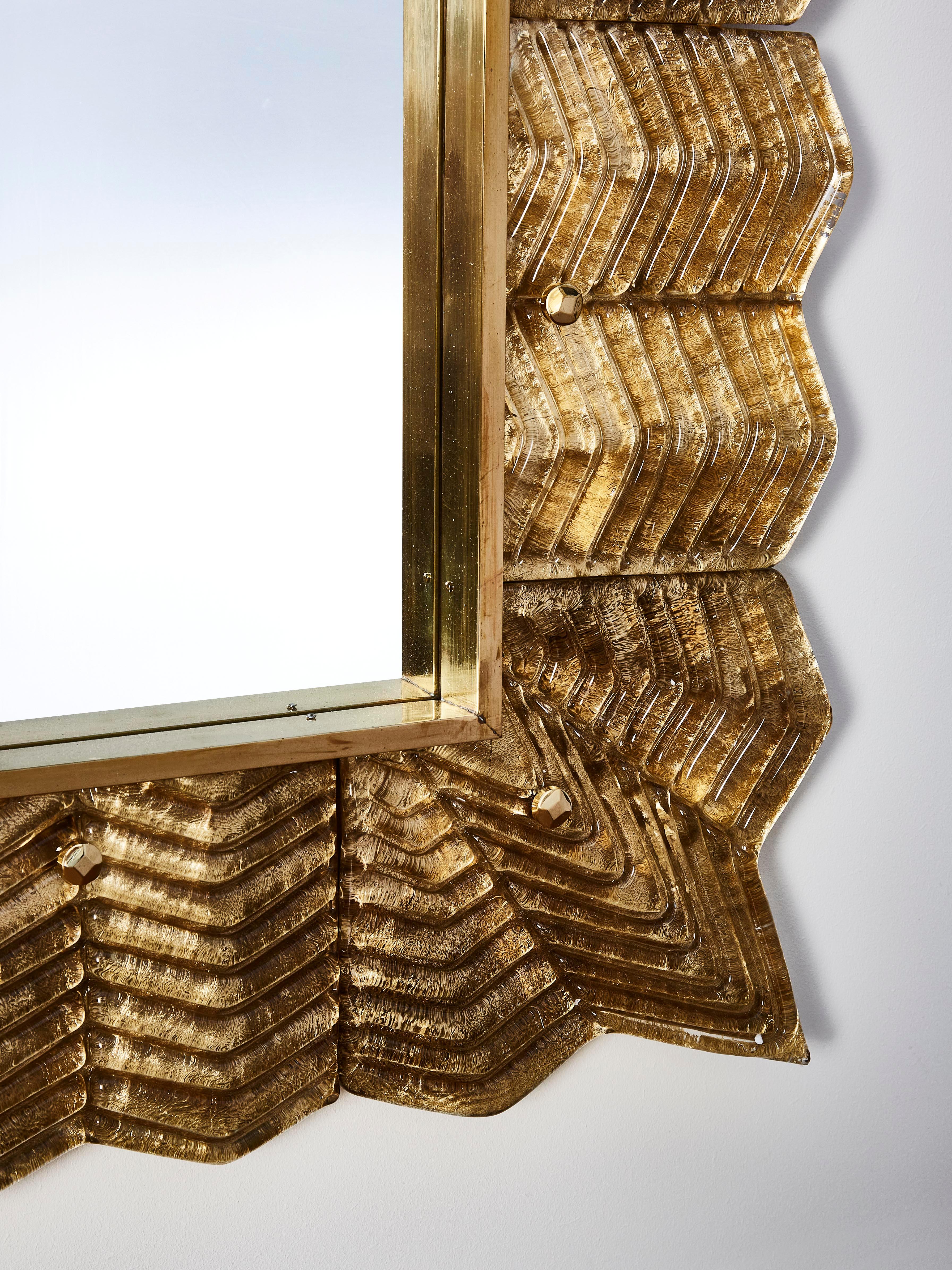 Mid-Century Modern Mirror with a Golden Murano Glass Frame, by Studio Glustin