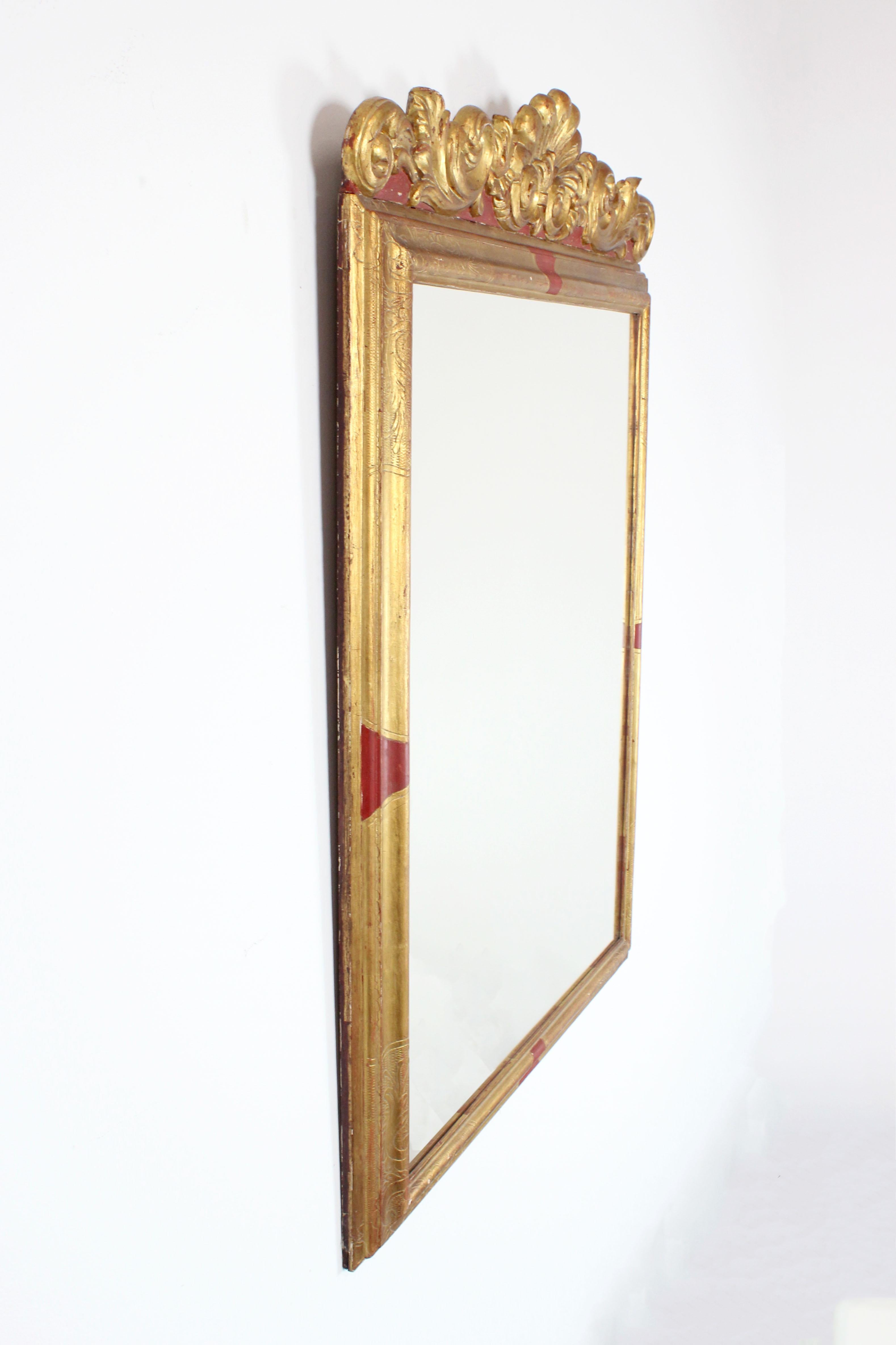 18th Century Mirror with carved, gilded, polychrome and engraved wooden frame - 18th century For Sale