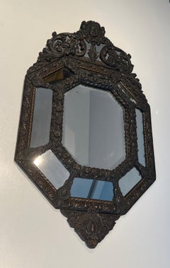 Mirror with Closed Pares in Repoussé Copper Decorated with Garlands of Flowers