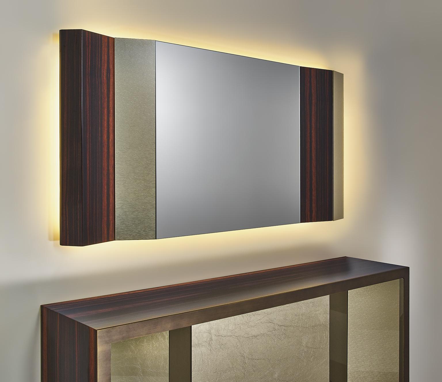 italien Miroir avec cadre en placage d'ébène Insert décoratif Miroir central transparent Vetrite en vente